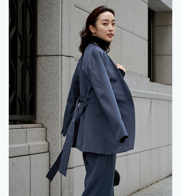 ur's「ベルト付ノーカラージャケット」|ノーカラージャケット|ネイビー