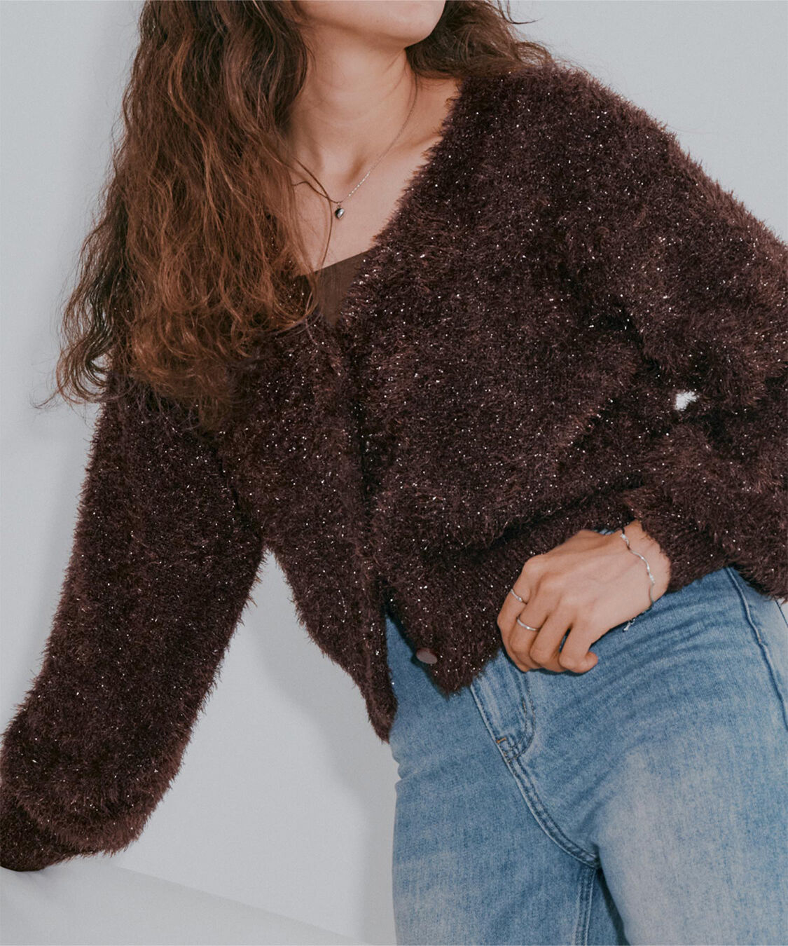 titivate「ふわっとラメシャギーニットカーディガン」|ニット・セーター|ブラウン