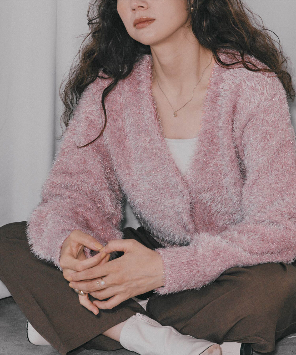 titivate「ふわっとラメシャギーニットカーディガン」|ニット・セーター|ピンク