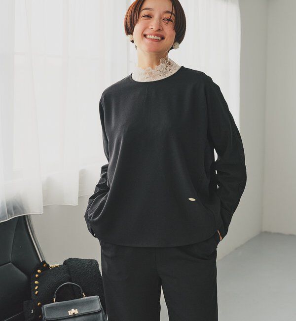  「【Du noir】ハンド風ステッチストレッチジョーゼットプルオーバー」|シャツ・ブラウス|ブラック