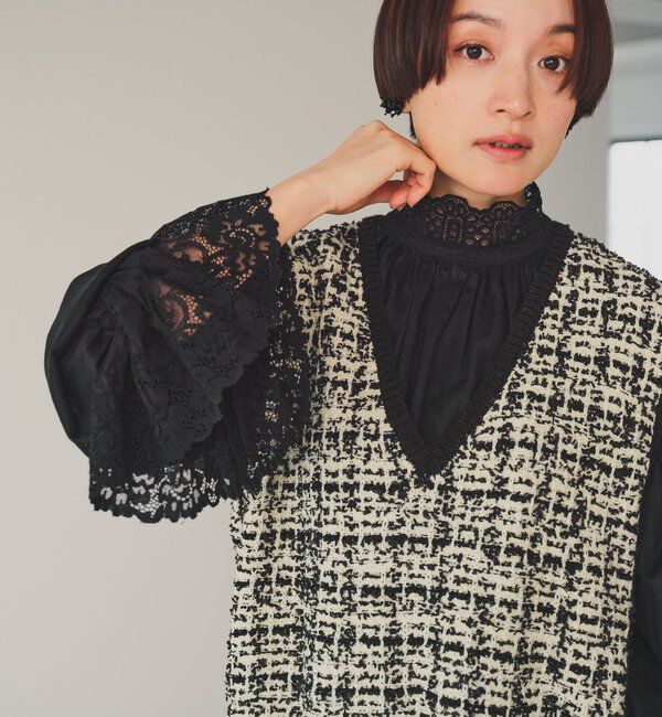  「襟袖レースプチハイネックブラウス」|シャツ・ブラウス|ブラック