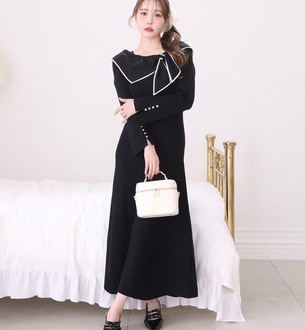  「異素材リボンニットロングワンピース」|ワンピース|