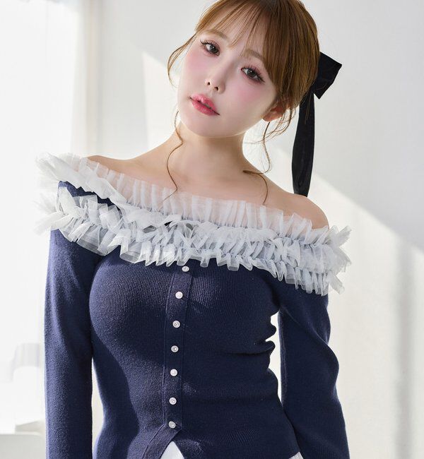  「チュールフリルオフショルニット」|ニット・セーター|