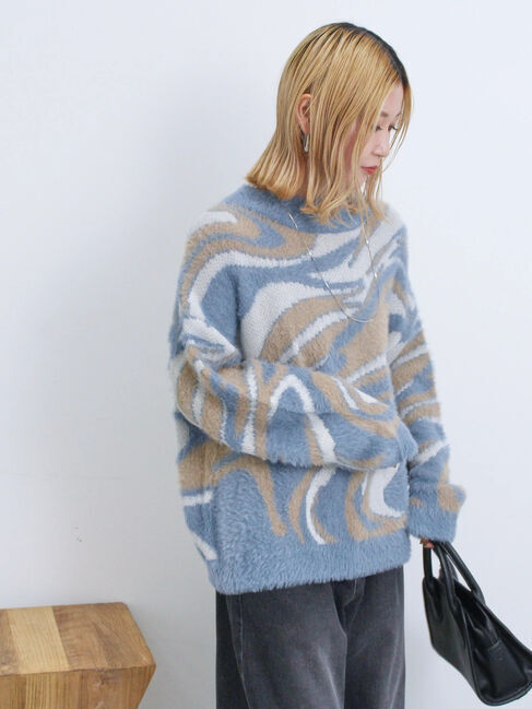 Samansa Mos2 blue「マーブル柄フェザーヤーンニットプルオーバー」|ニット・セーター|