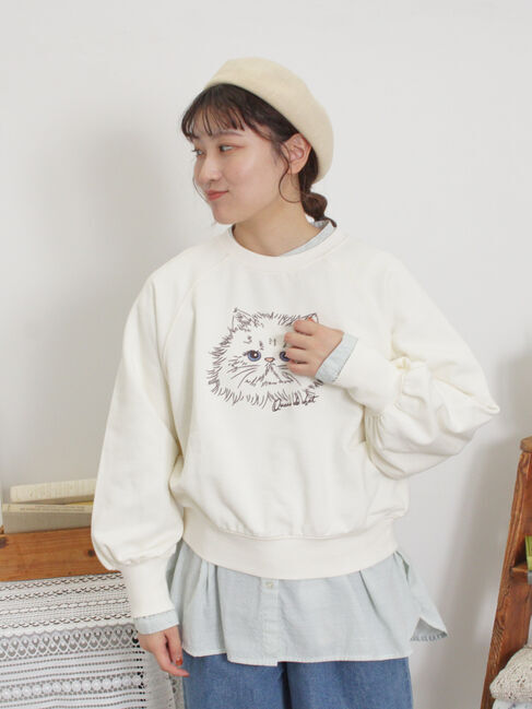 Samansa Mos2「ネコプリント刺繍スウェット」|Tシャツ・カットソー|オフホワイト