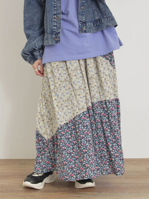 Samansa Mos2「花柄パッチワークティアードスカート」|スカート|ネイビー