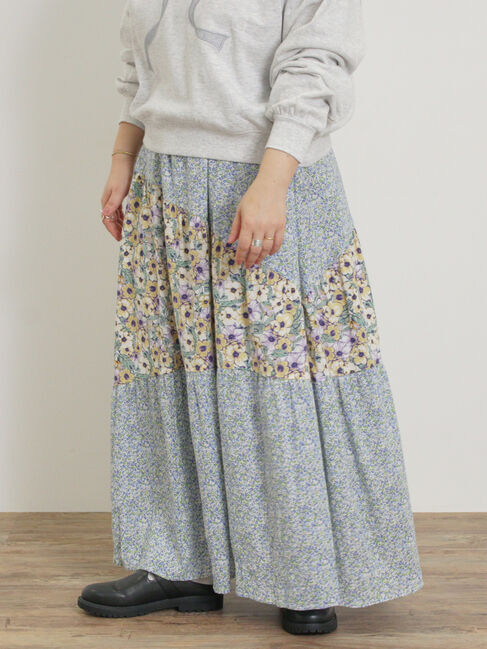 Samansa Mos2「花柄パッチワークティアードスカート」|スカート|ブルー