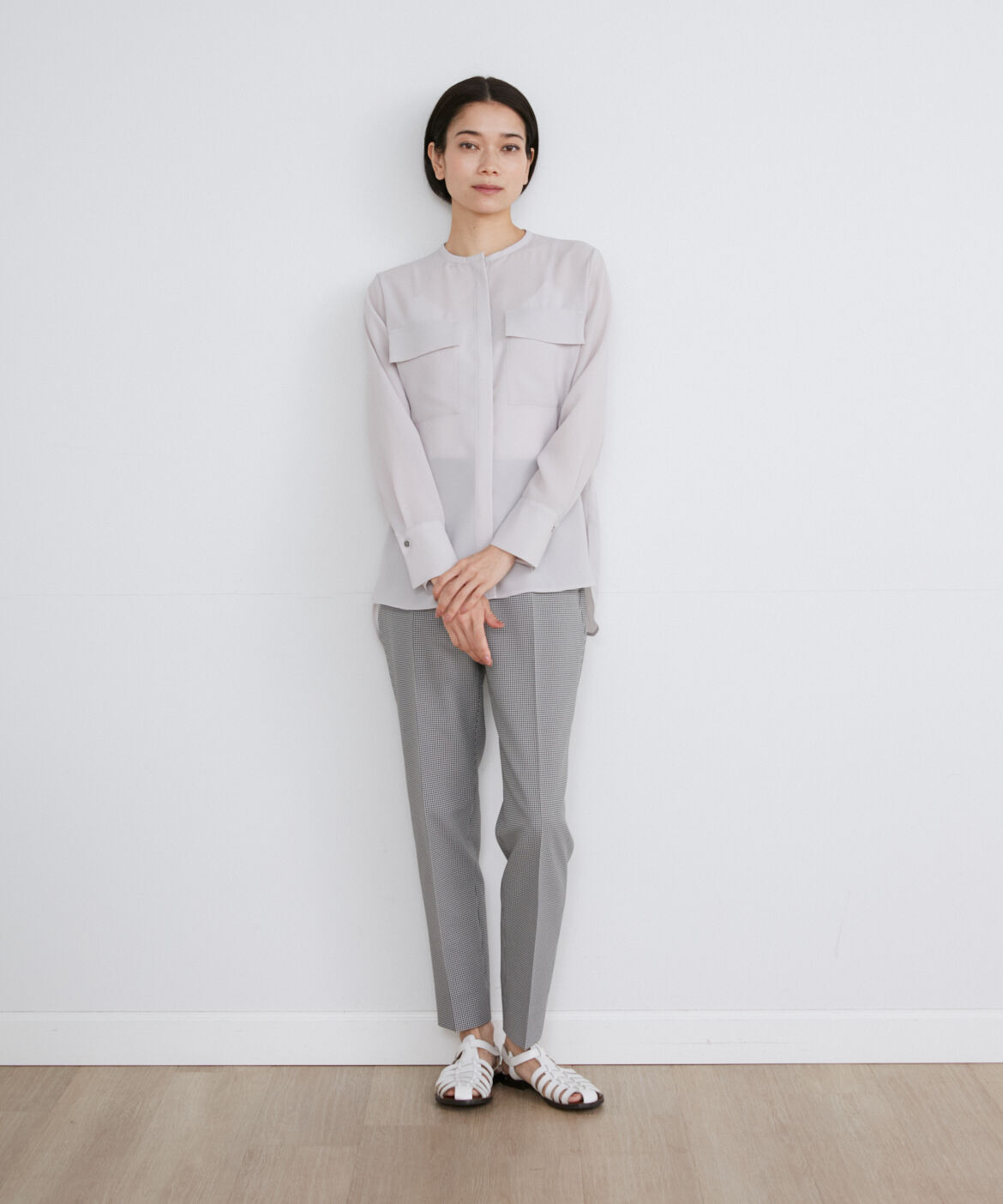 INED「《大きいサイズ》フラップポケットバンドカラーブラウス　」|シャツ・ブラウス|