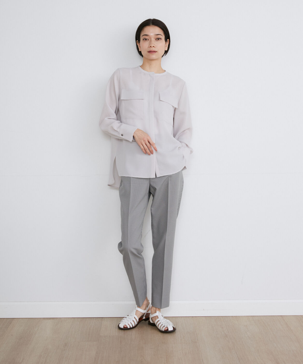 INED「《大きいサイズ》フラップポケットバンドカラーブラウス　」|シャツ・ブラウス|