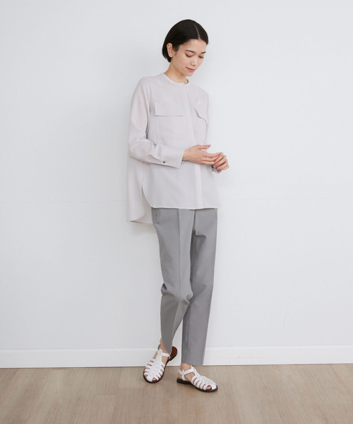 INED「《大きいサイズ》フラップポケットバンドカラーブラウス　」|シャツ・ブラウス|