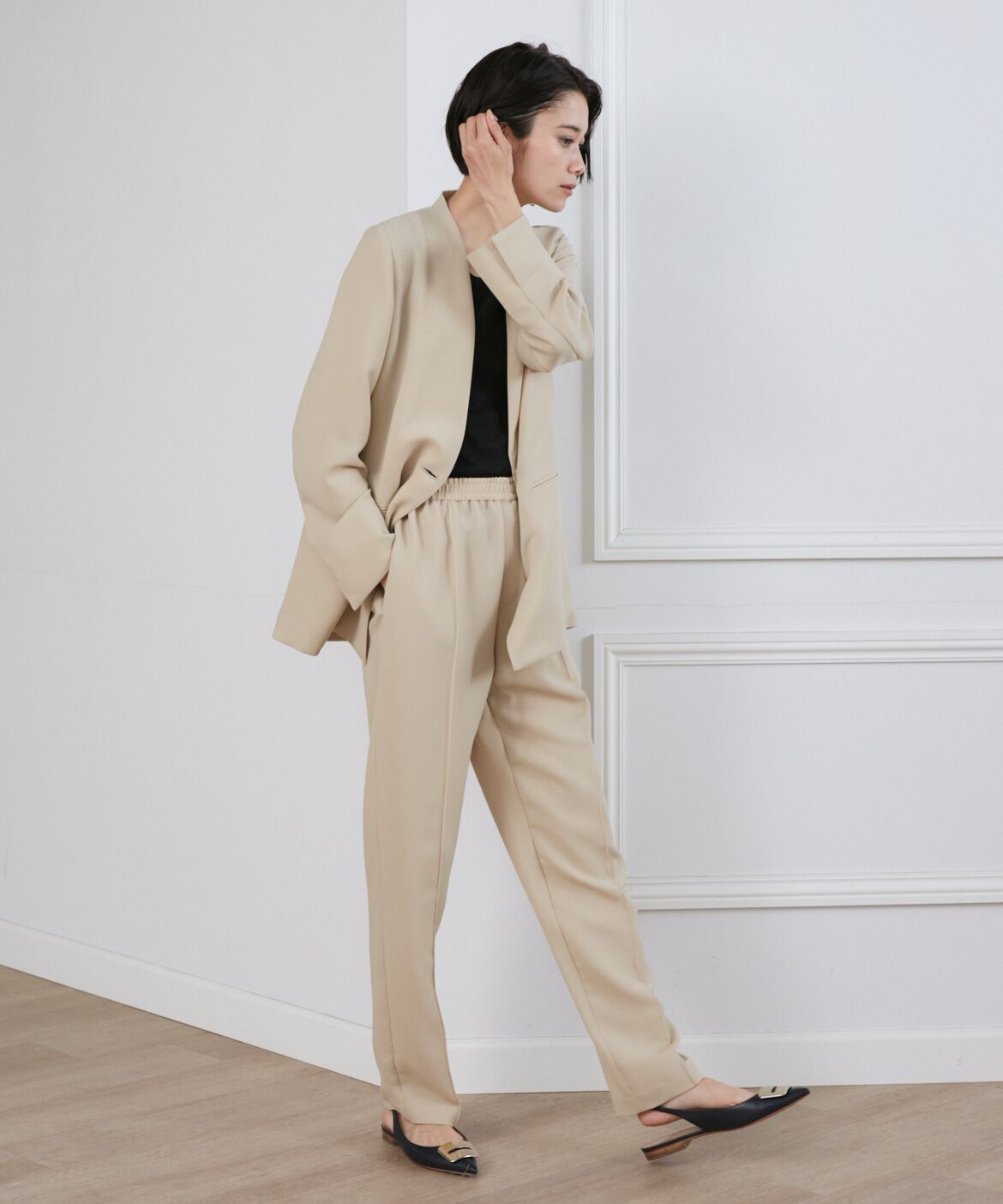 INED「《大きいサイズ》ダブルジョーゼットドロストパンツ」|スラックス|