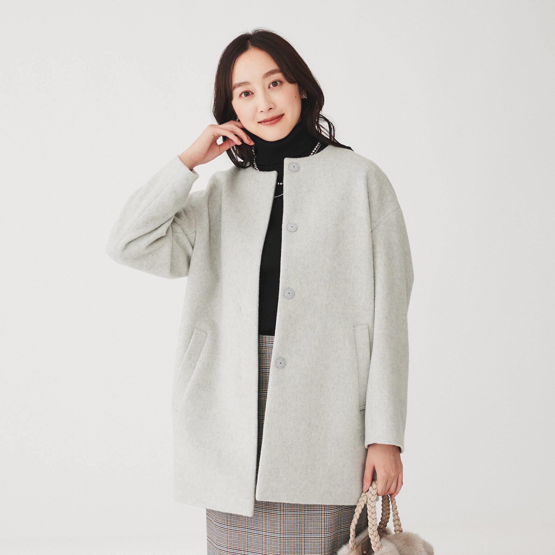 UNTITLED「【日本製】ミディ丈ノーカラーコート」|ノーカラーコート|