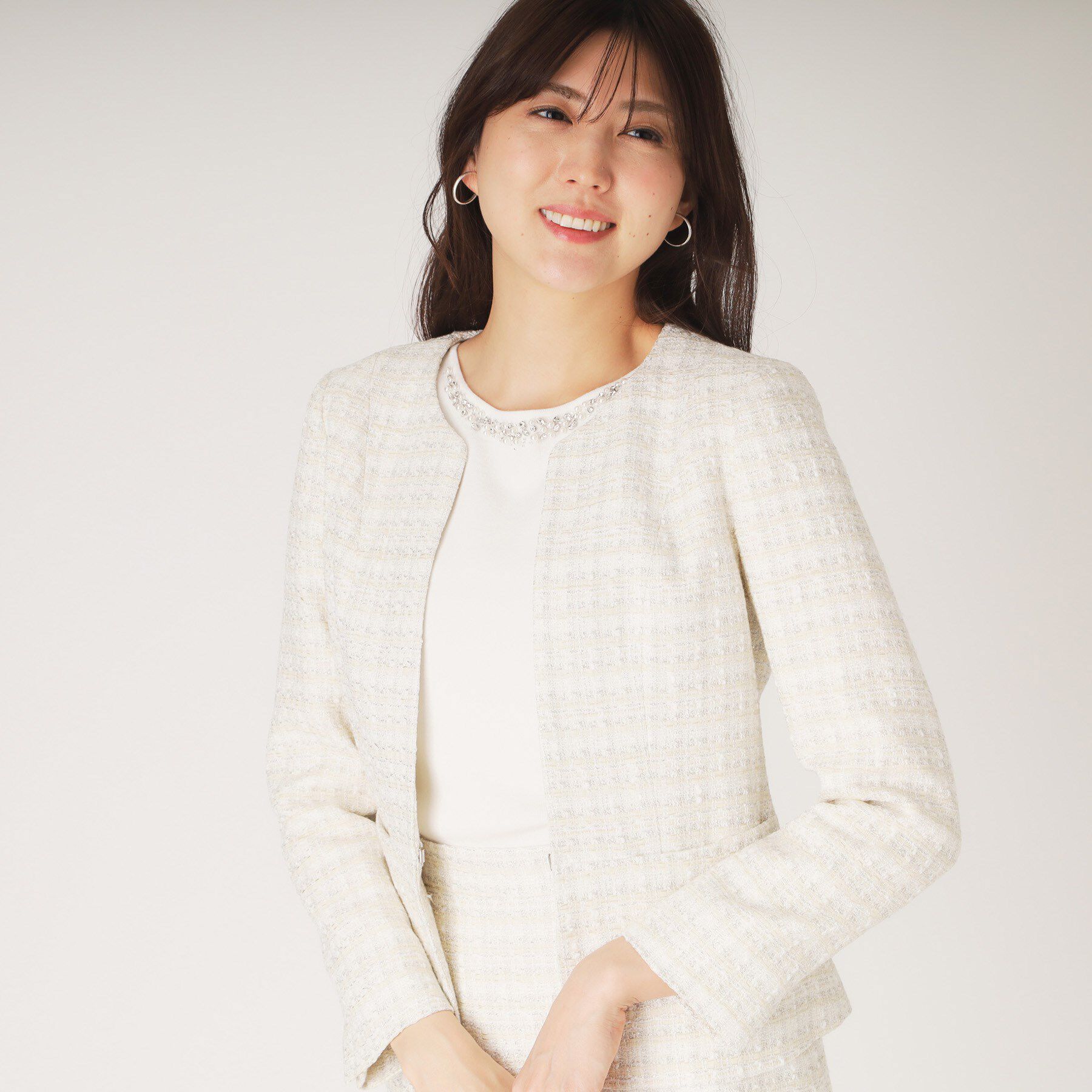 COUP DE CHANCE「【日本製】ファンシーツィードジャケット」|ノーカラージャケット|ホワイト(402)