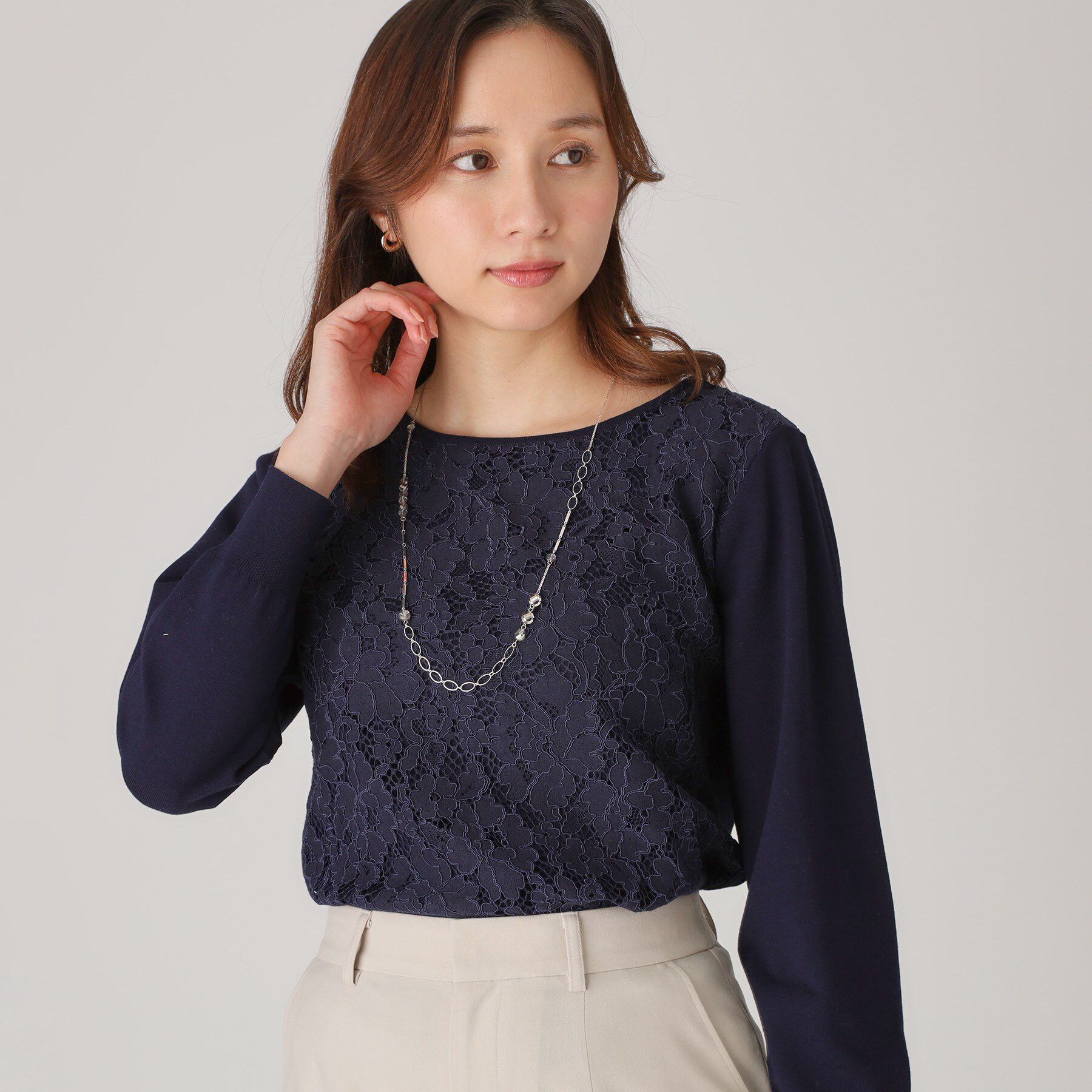 COUP DE CHANCE「【洗える】レース使いニットプルオーバー」|ニット・セーター|ネイビー(094)
