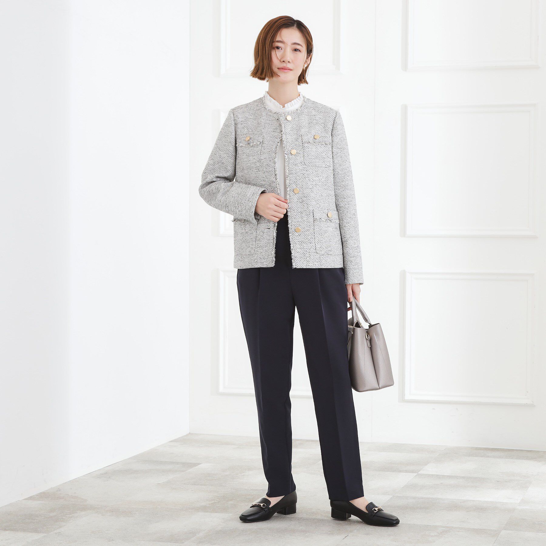 grove「ミドルツイードジャケット」|ノーカラージャケット|