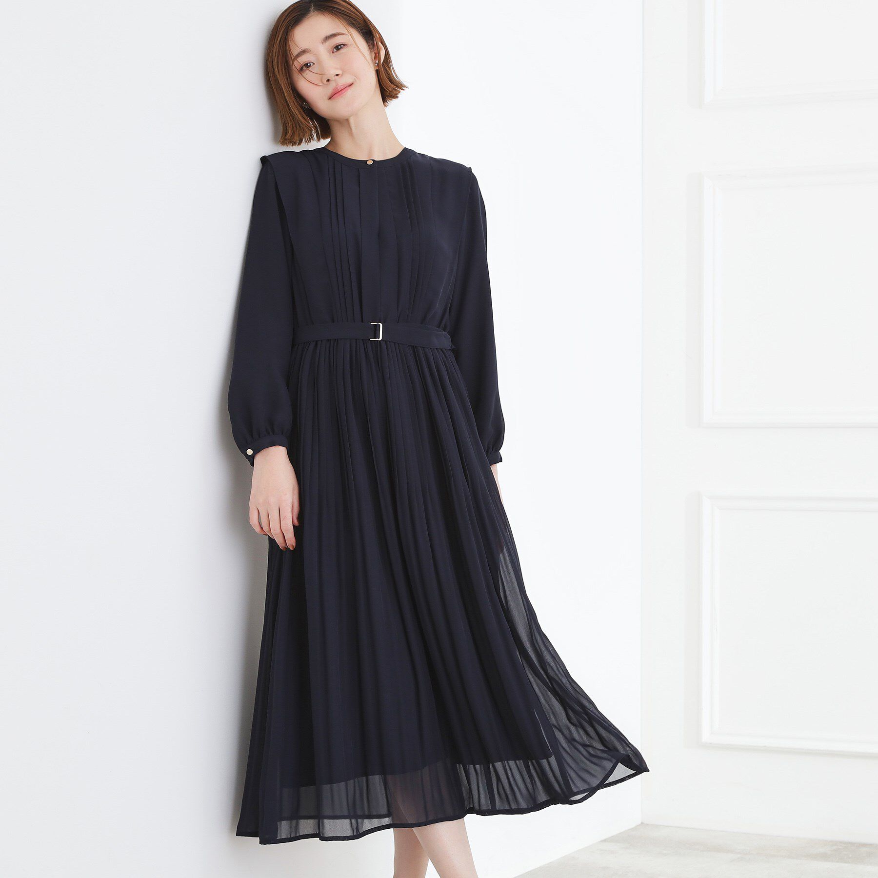 grove「【手洗いOK】シフォンプリーツワンピース」|ワンピース|ネイビー(094)