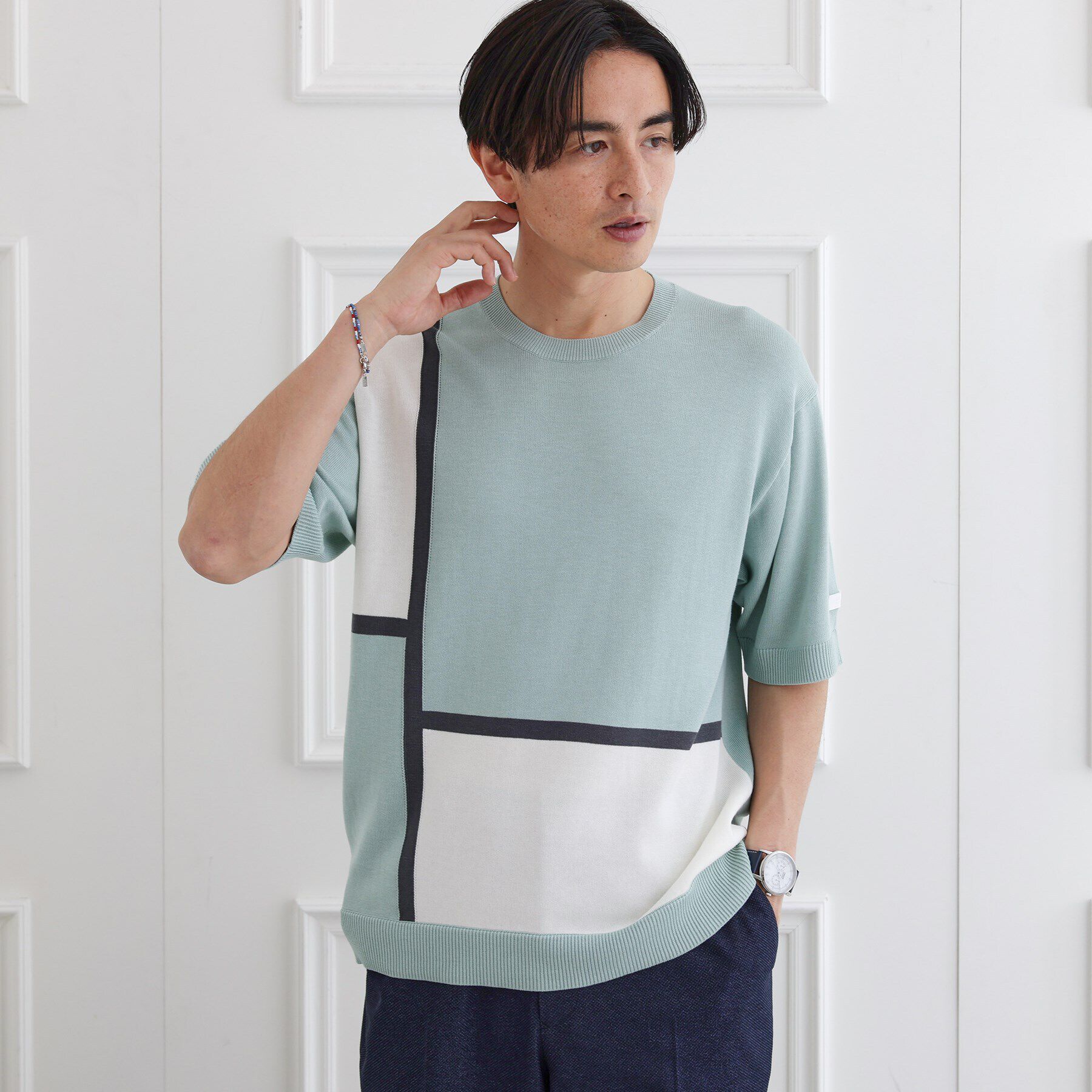 TAKEO KIKUCHI「カラーブロッキング プルオーバー ニット」|ニット・セーター|ミントグリーン(52