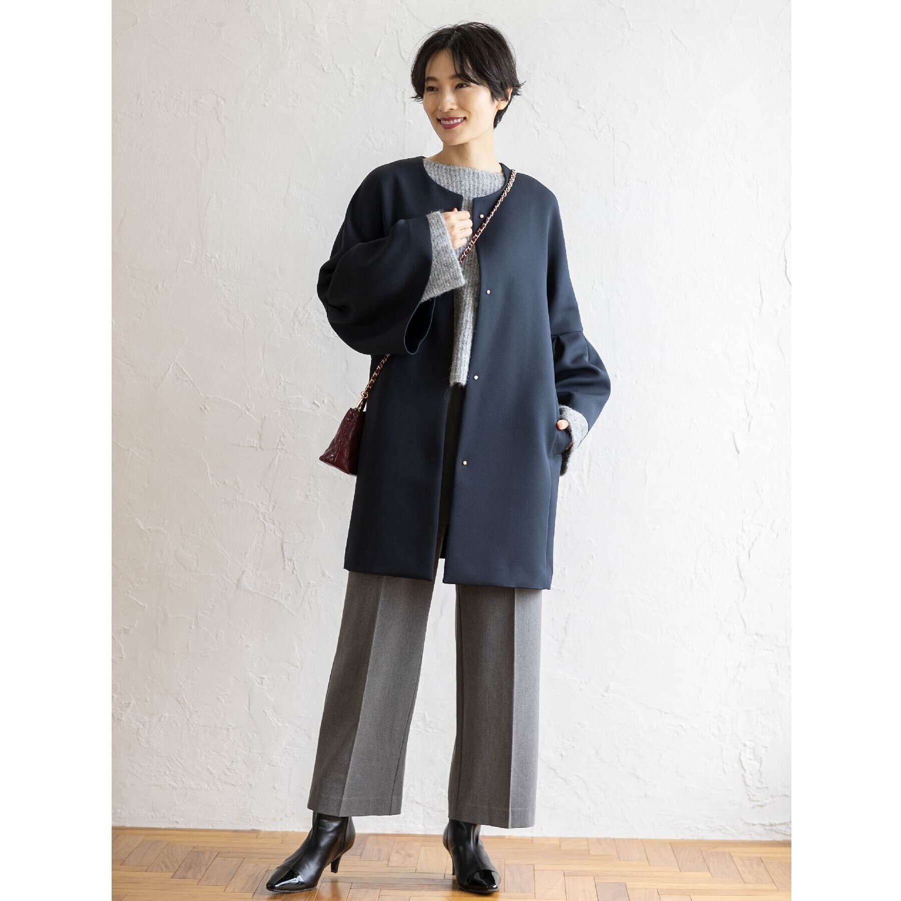 OPAQUE.CLIP「フレアスリーブミドルコート【洗える】」|ノーカラーコート|