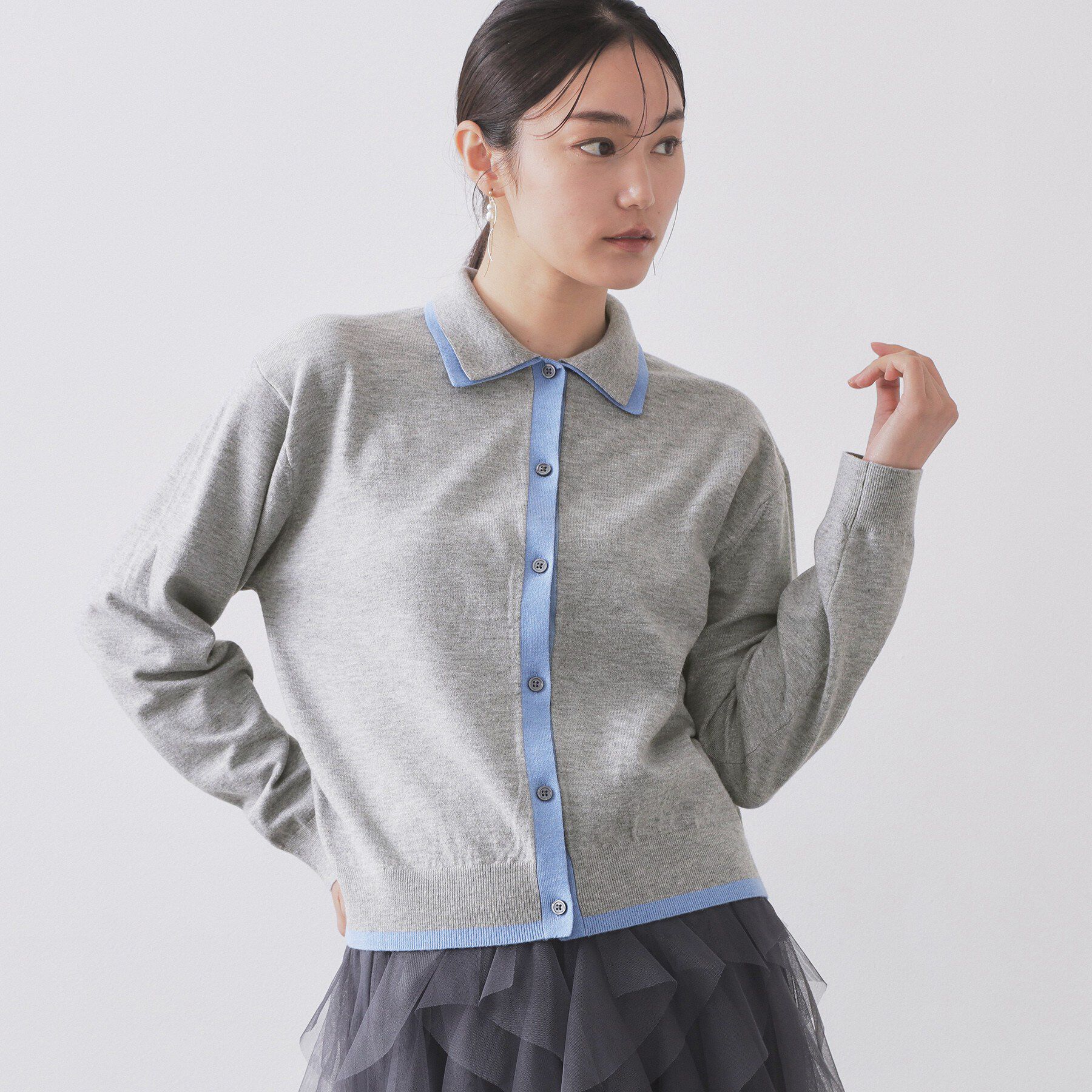 OPAQUE.CLIP「ダブルカラーポロ衿配色ニット【洗濯機OK】」|ニット・セーター|グレー(512)