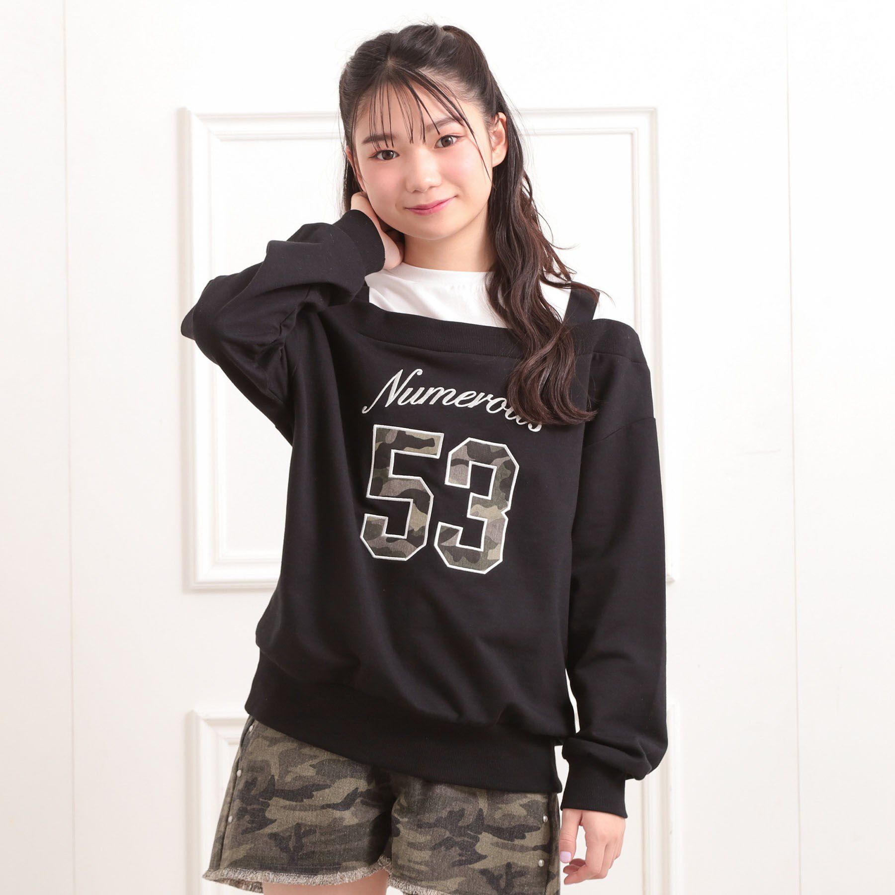 PINK-latte「ナンバリングレイヤード風プルオーバー」|Tシャツ・カットソー|ブラック(019)