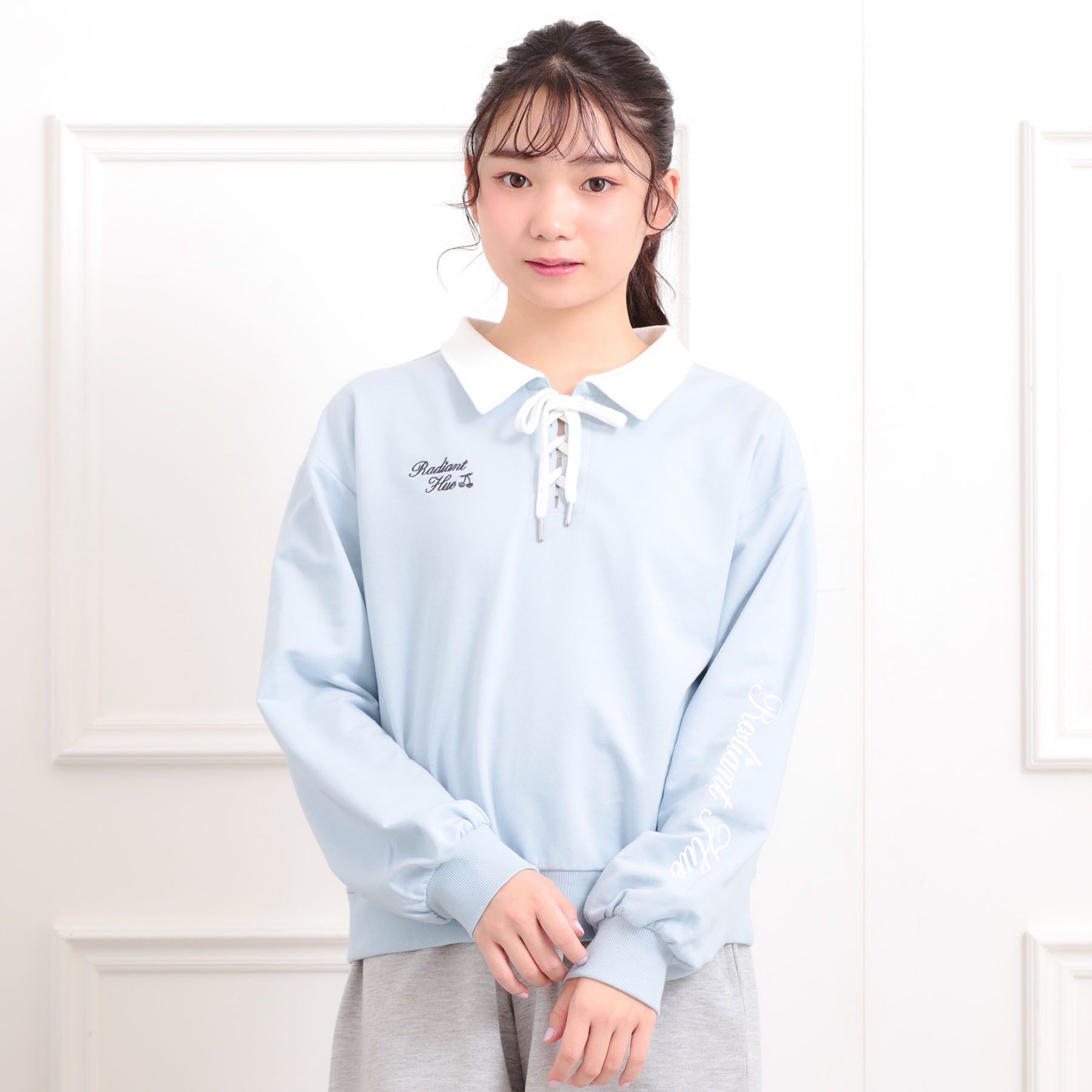 PINK-latte「【セットアイテム】ミニ裏毛レースアップ＋キュロットパンツ」|その他|サックスブルー(09