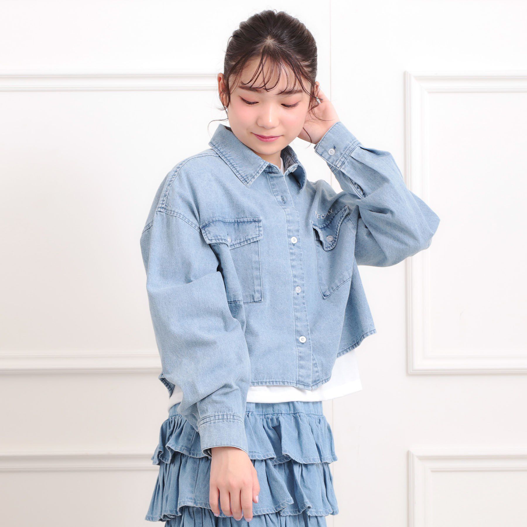 PINK-latte「【セットアイテム】短丈デニムシャツ＋ロンT」|その他|ブルー(493)