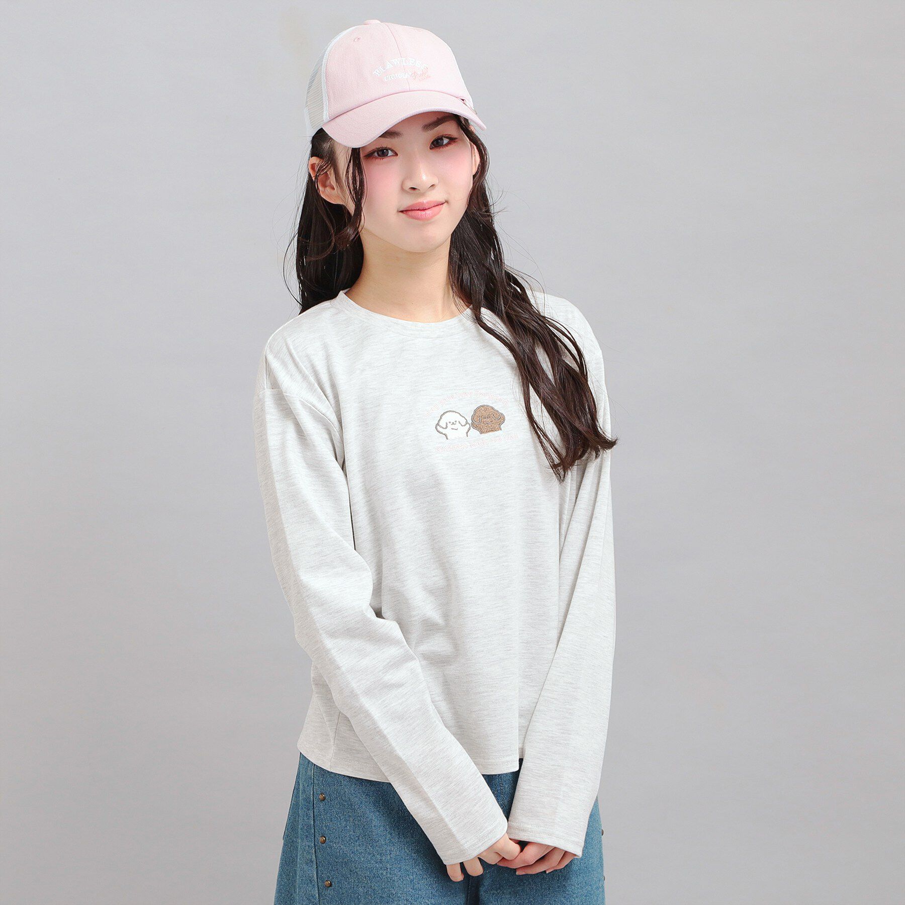 PINK-latte「プチプラワンちゃんサガラロンT」|Tシャツ・カットソー|ライトグレー(011