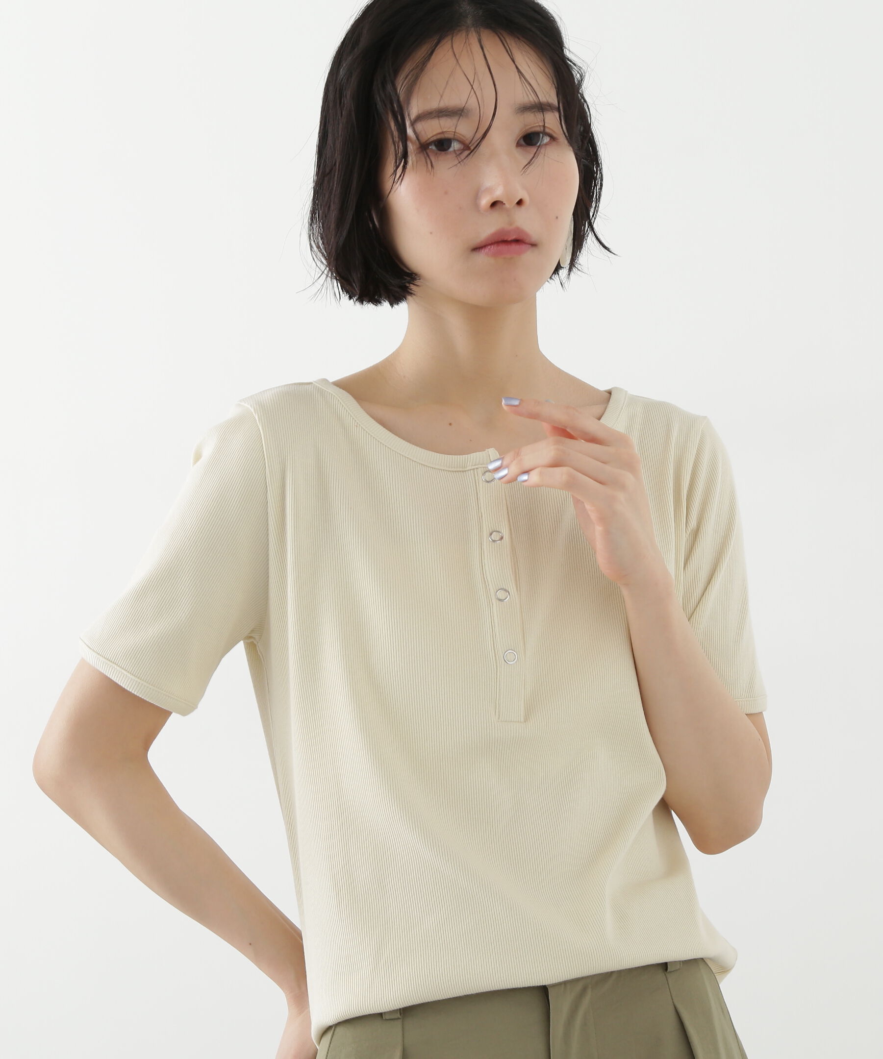  「ヘンリーネック五分袖カットソー」|Tシャツ・カットソー|オフ1