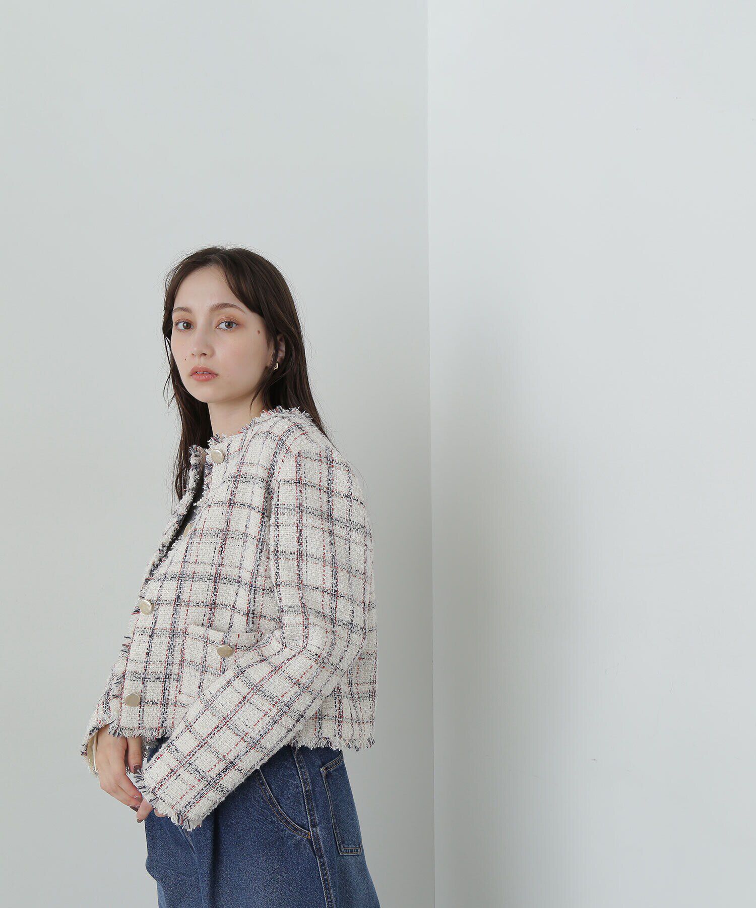  「ノーカラーツイードジャケット　24AW」|ブルゾン・スタジャン|