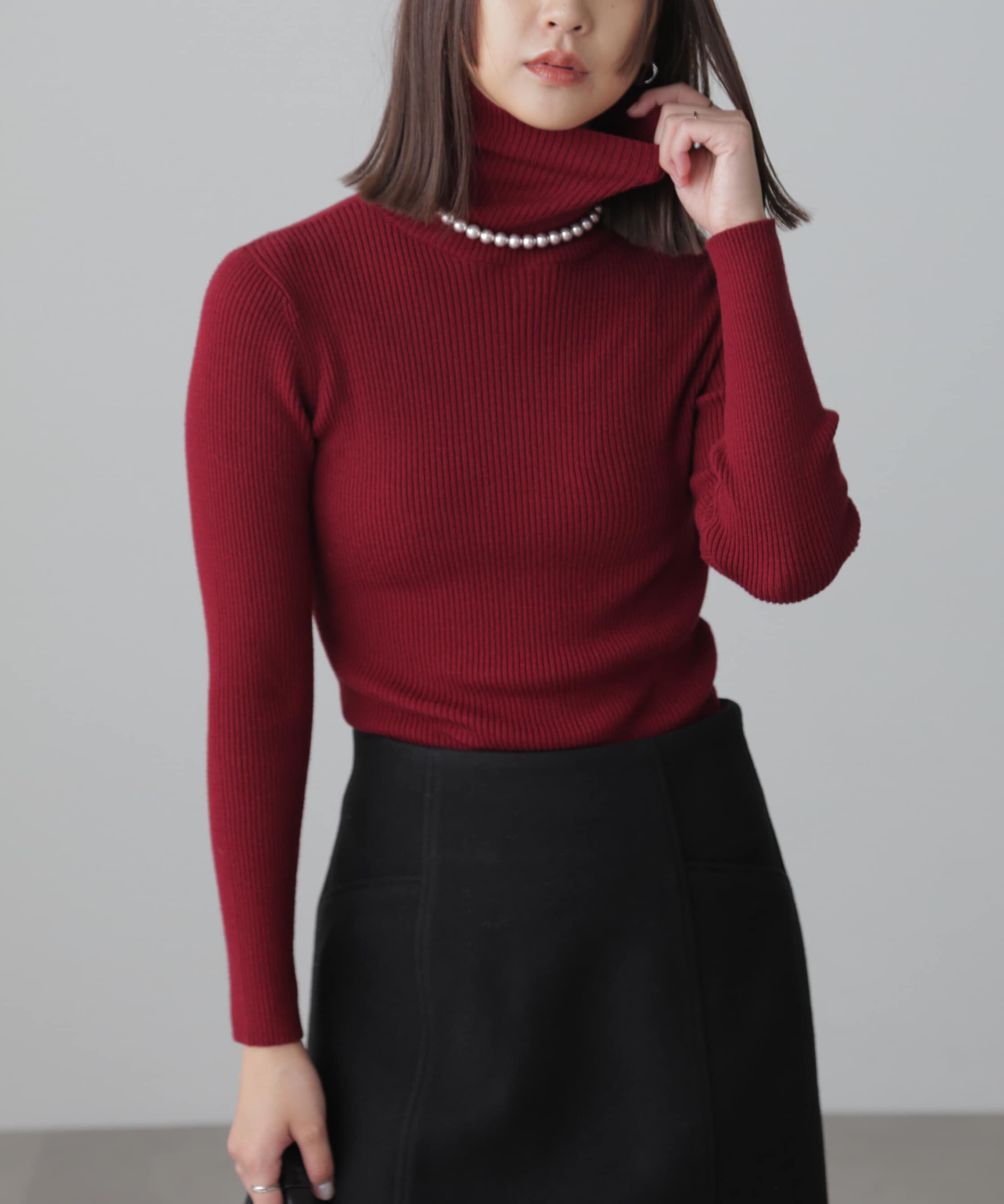  「タートルネックリブニット」|ニット・セーター|ボルドー