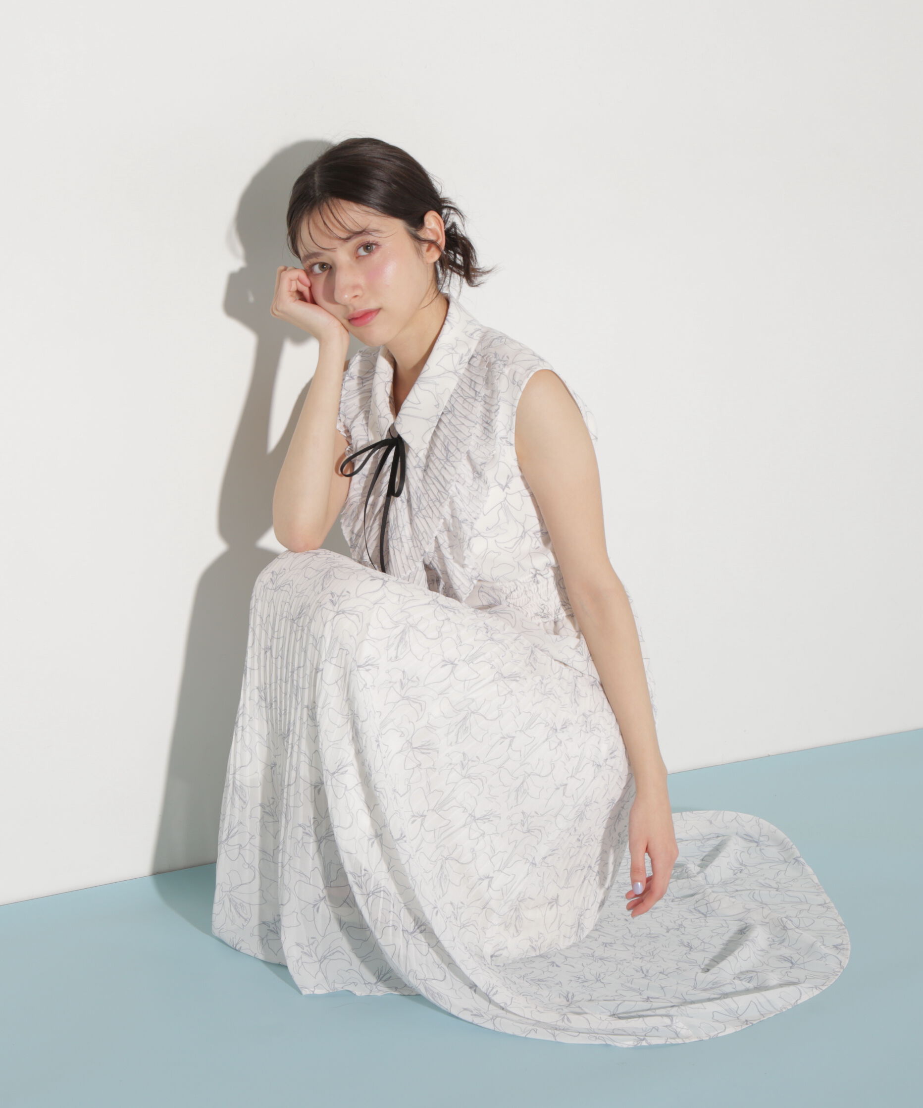  「プリーツフリルプリントワンピース」|ワンピース|ホワイト1