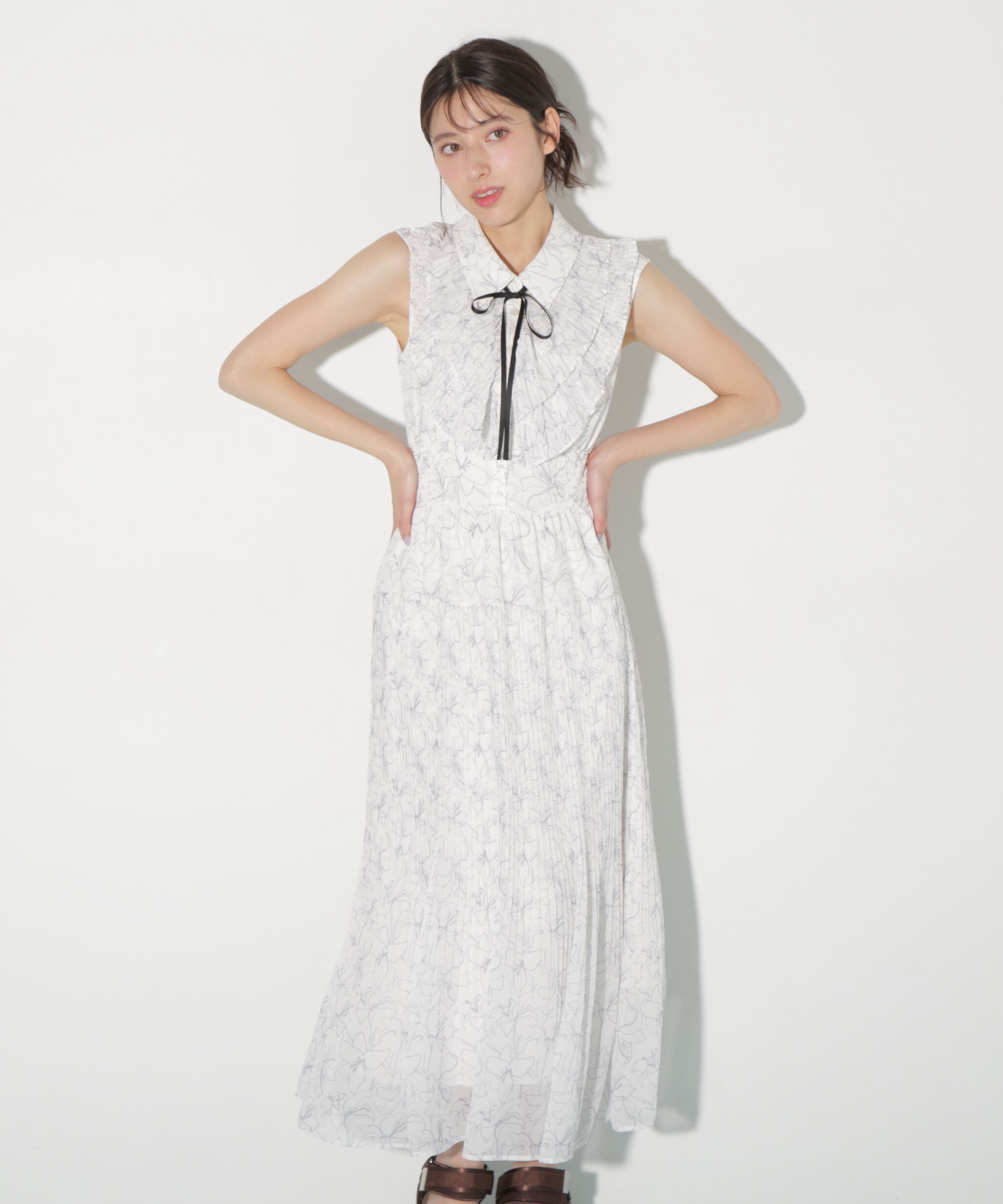  「プリーツフリルプリントワンピース」|ワンピース|