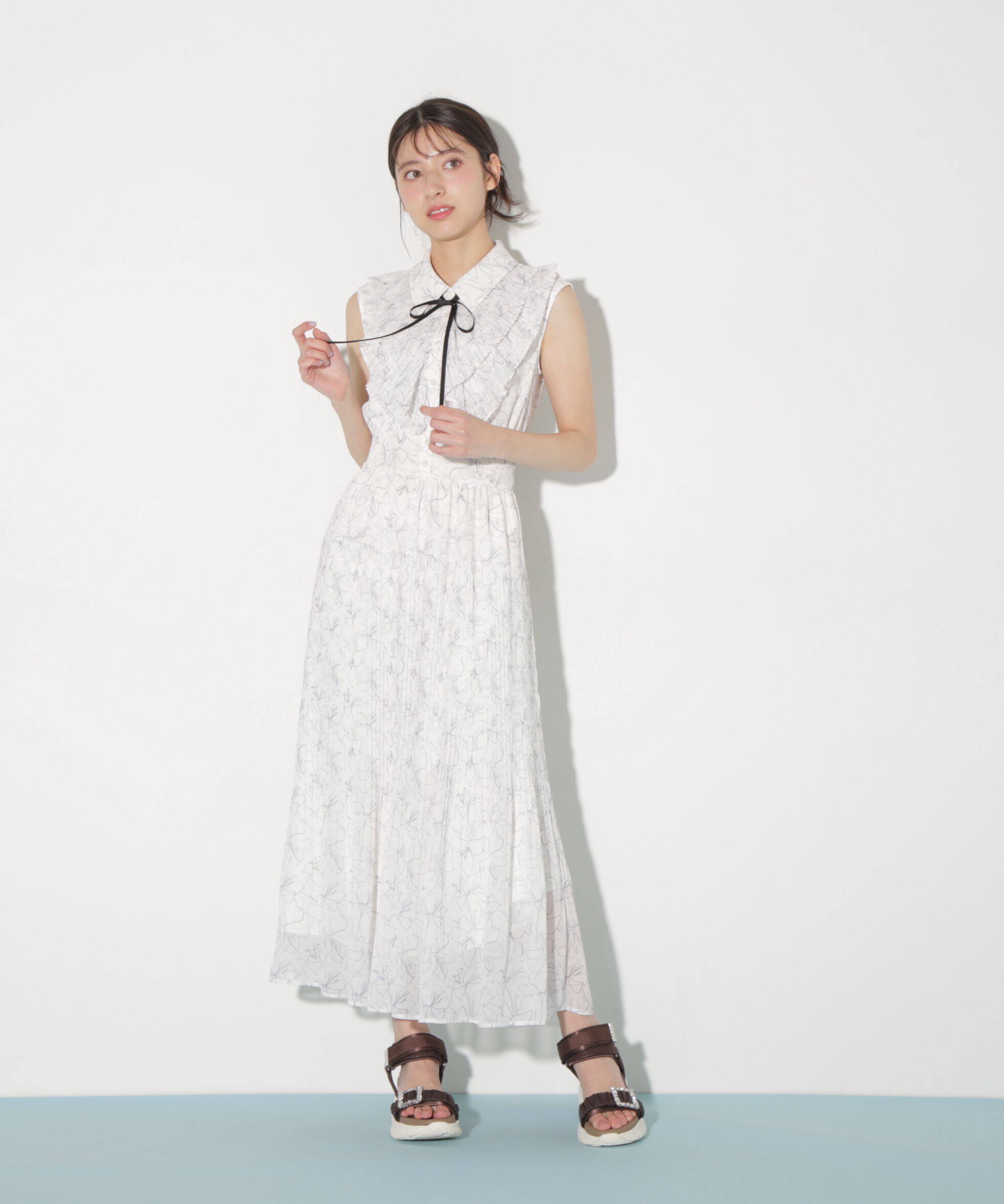  「プリーツフリルプリントワンピース」|ワンピース|