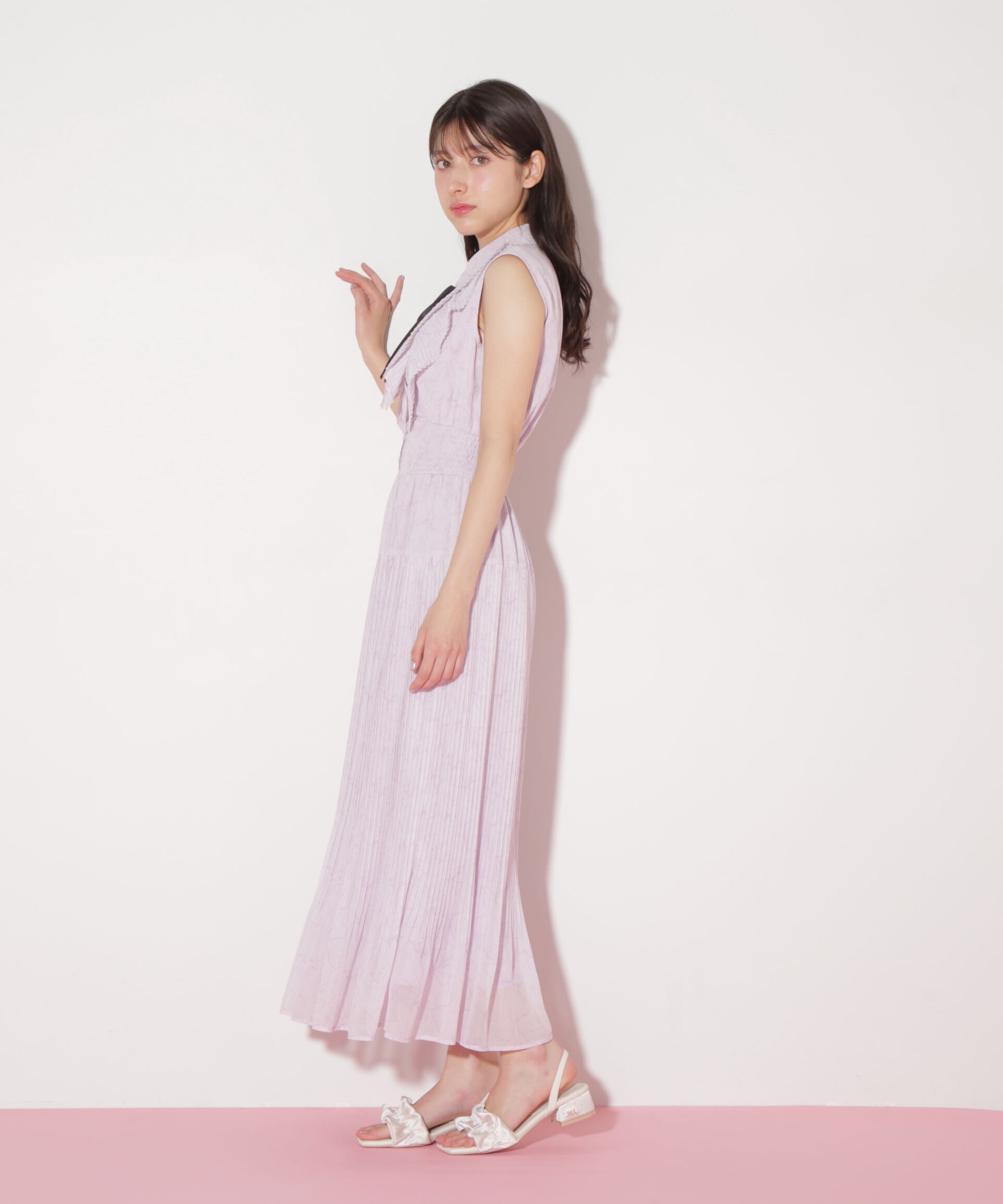  「プリーツフリルプリントワンピース」|ワンピース|ラベンダー1