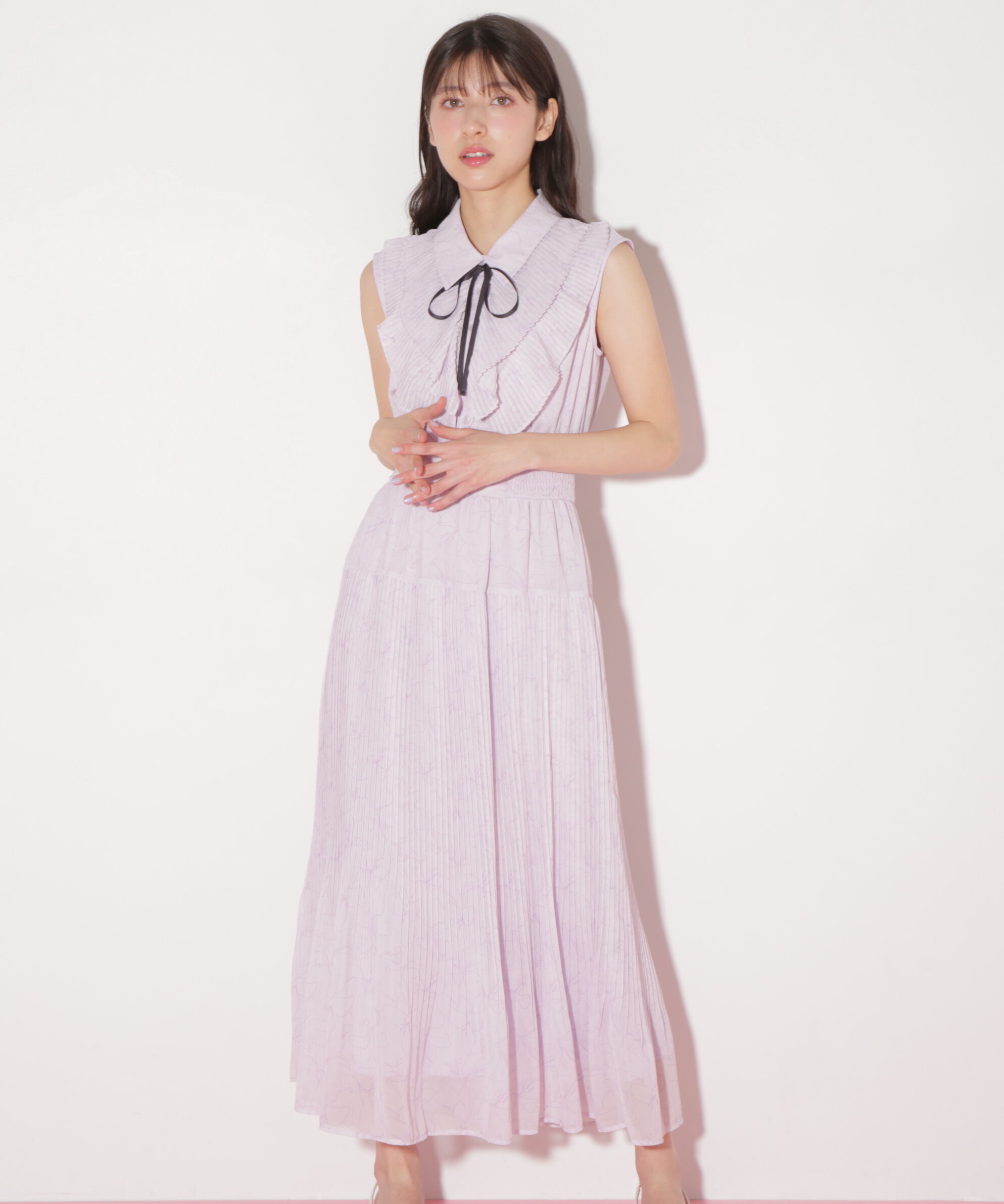  「プリーツフリルプリントワンピース」|ワンピース|