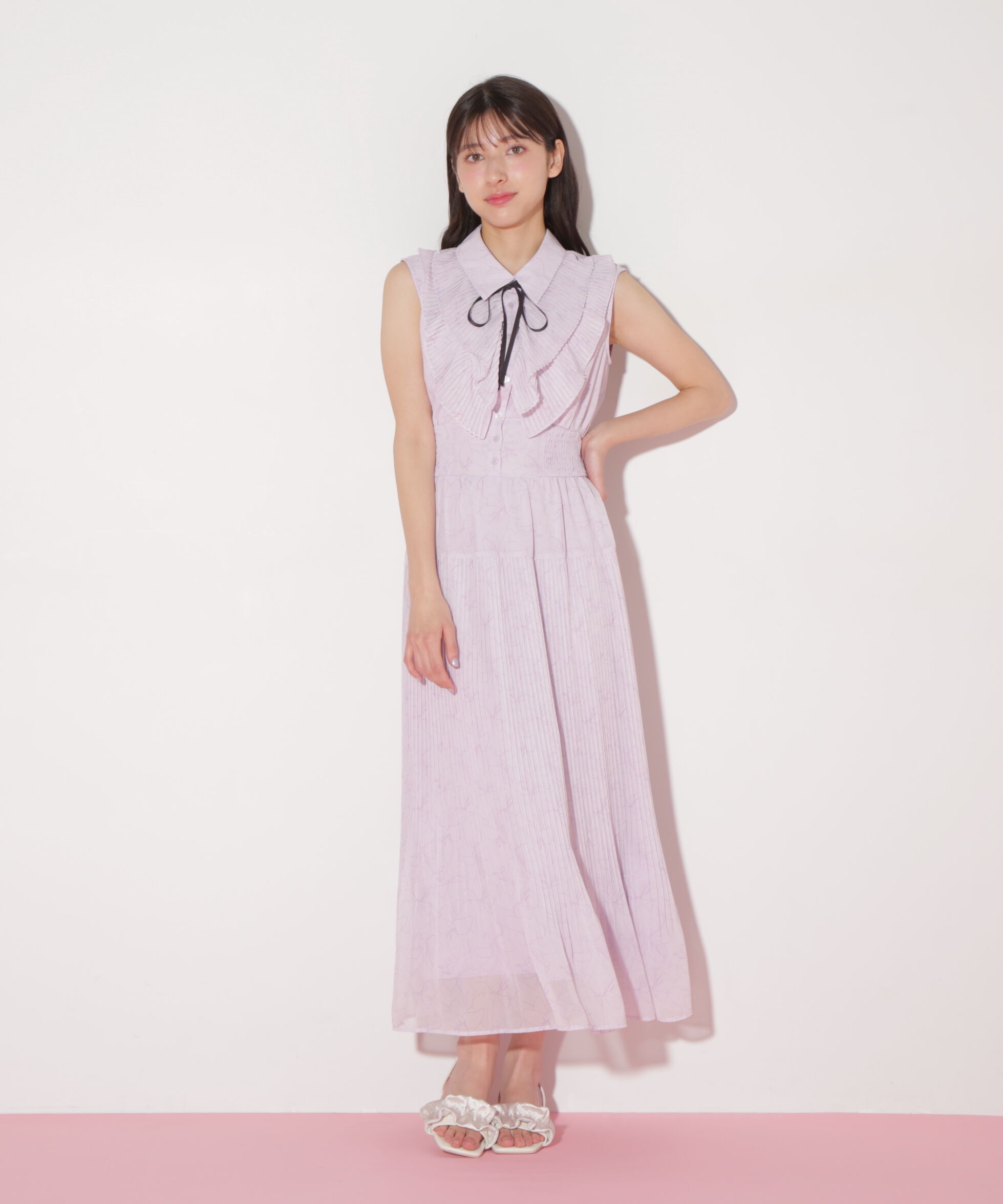  「プリーツフリルプリントワンピース」|ワンピース|