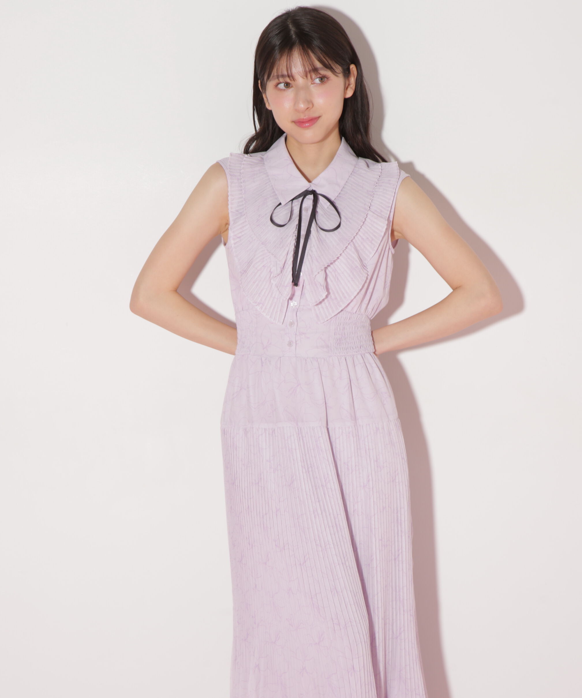  「プリーツフリルプリントワンピース」|ワンピース|