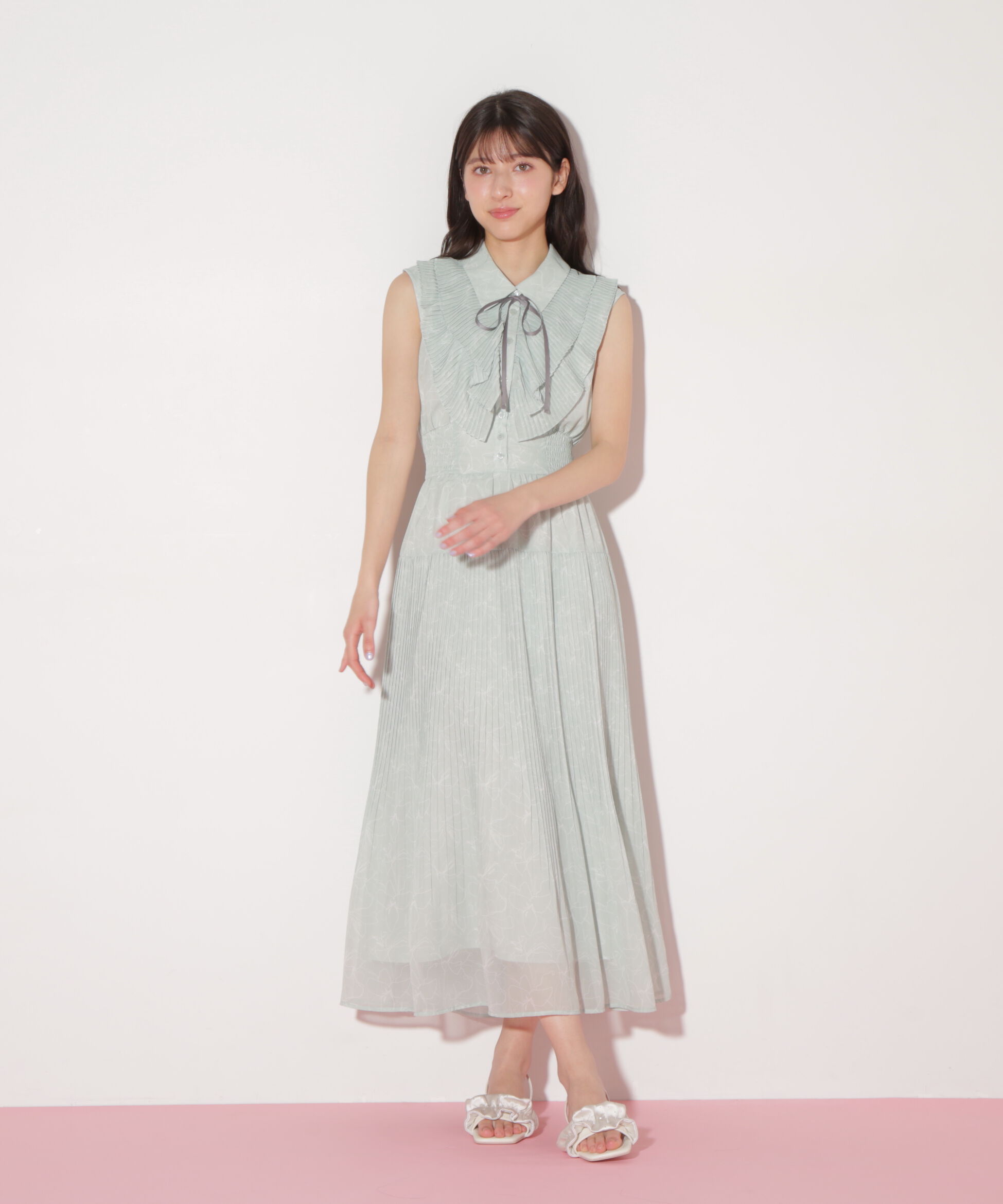  「プリーツフリルプリントワンピース」|ワンピース|