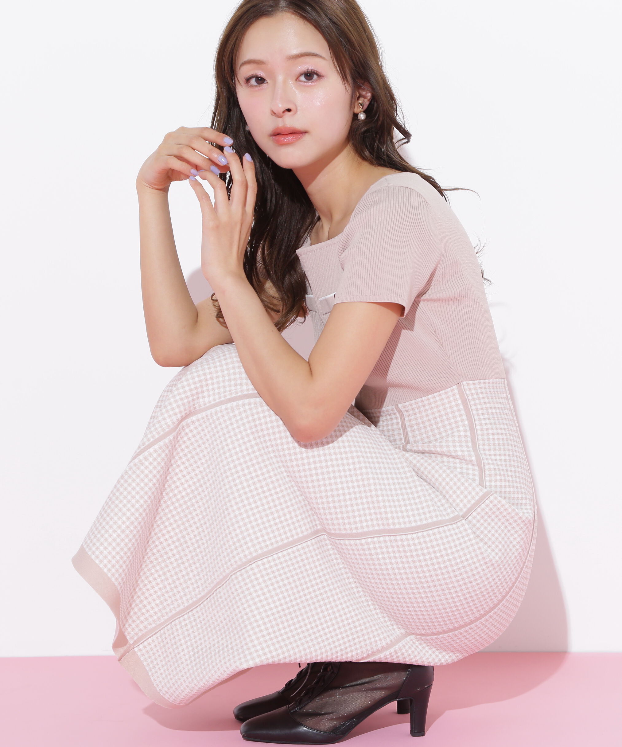  「ジャガードニットフレアワンピース」|ワンピース|ピンク