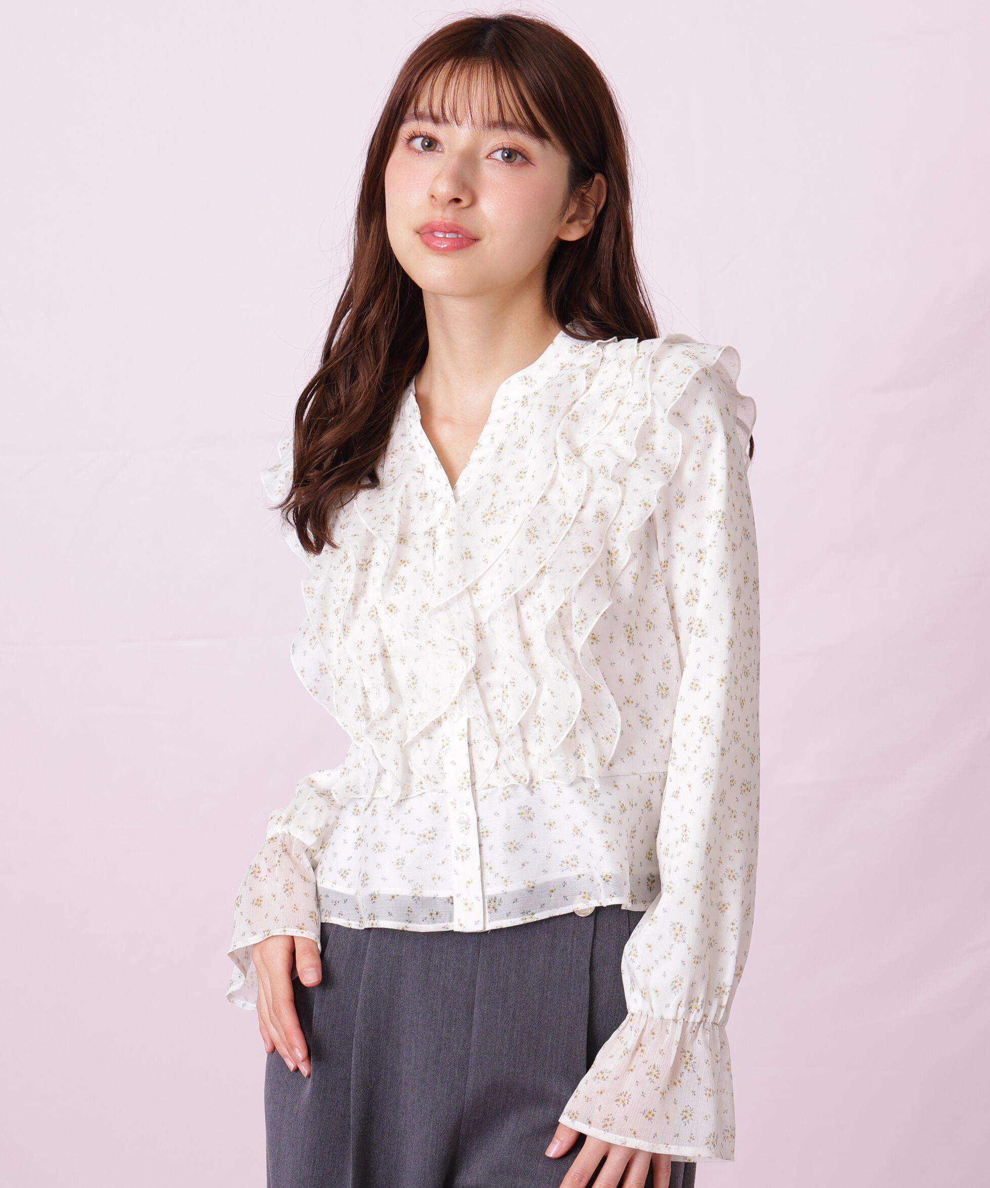  「小花プリントフリルブラウス」|シャツ・ブラウス|イエロー1