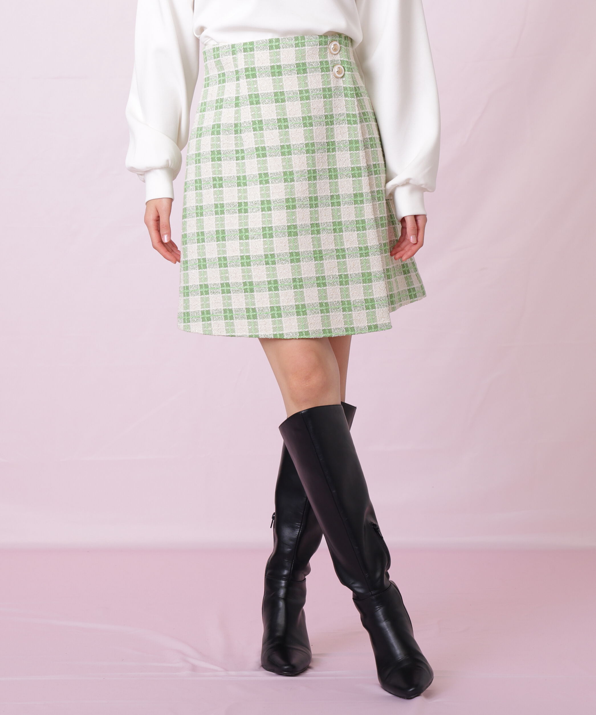  「ブロックチェックツィードミニスカート」|スカート|グリーン1