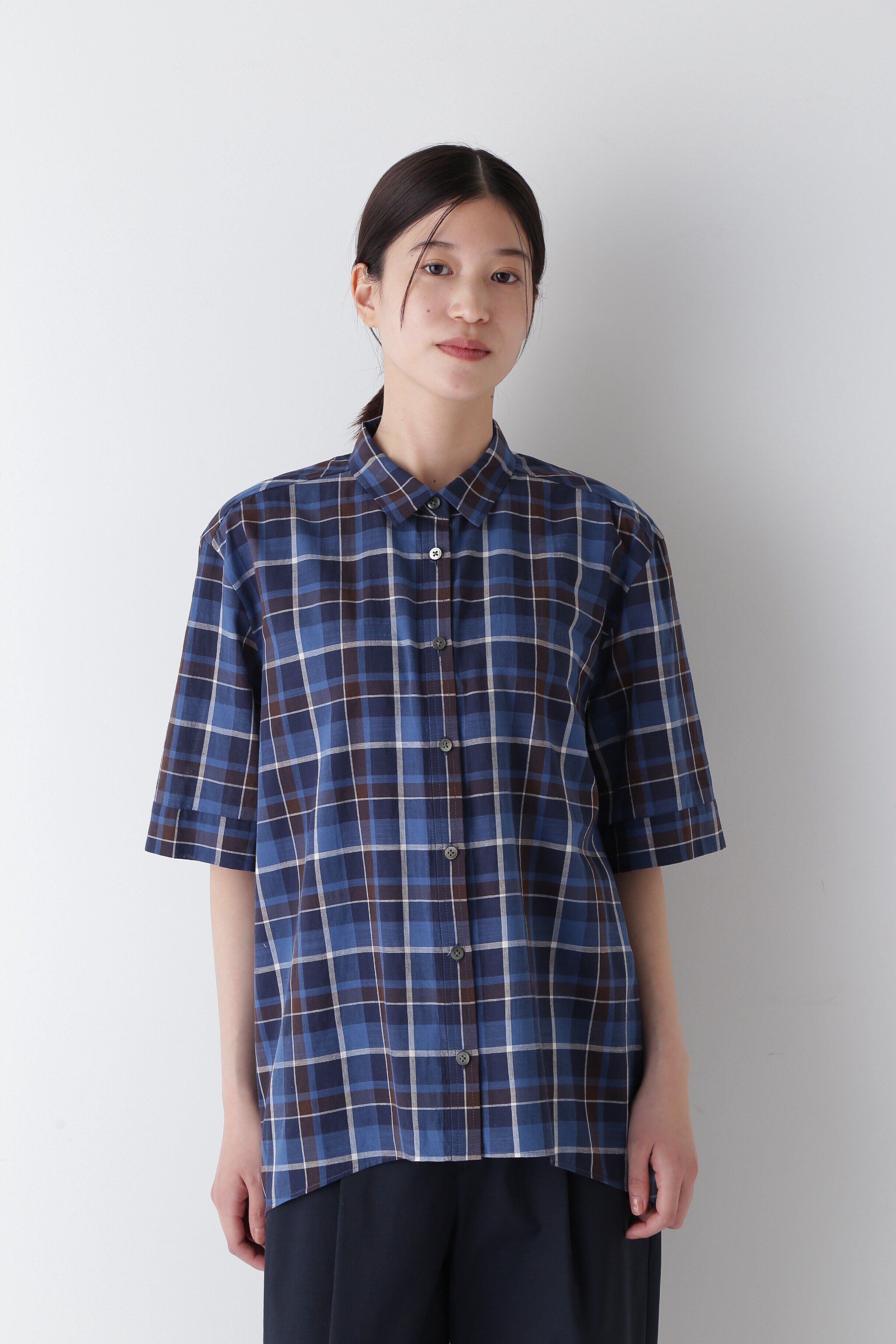  「◆綿麻半袖チェックシャツ」|シャツ・ブラウス|