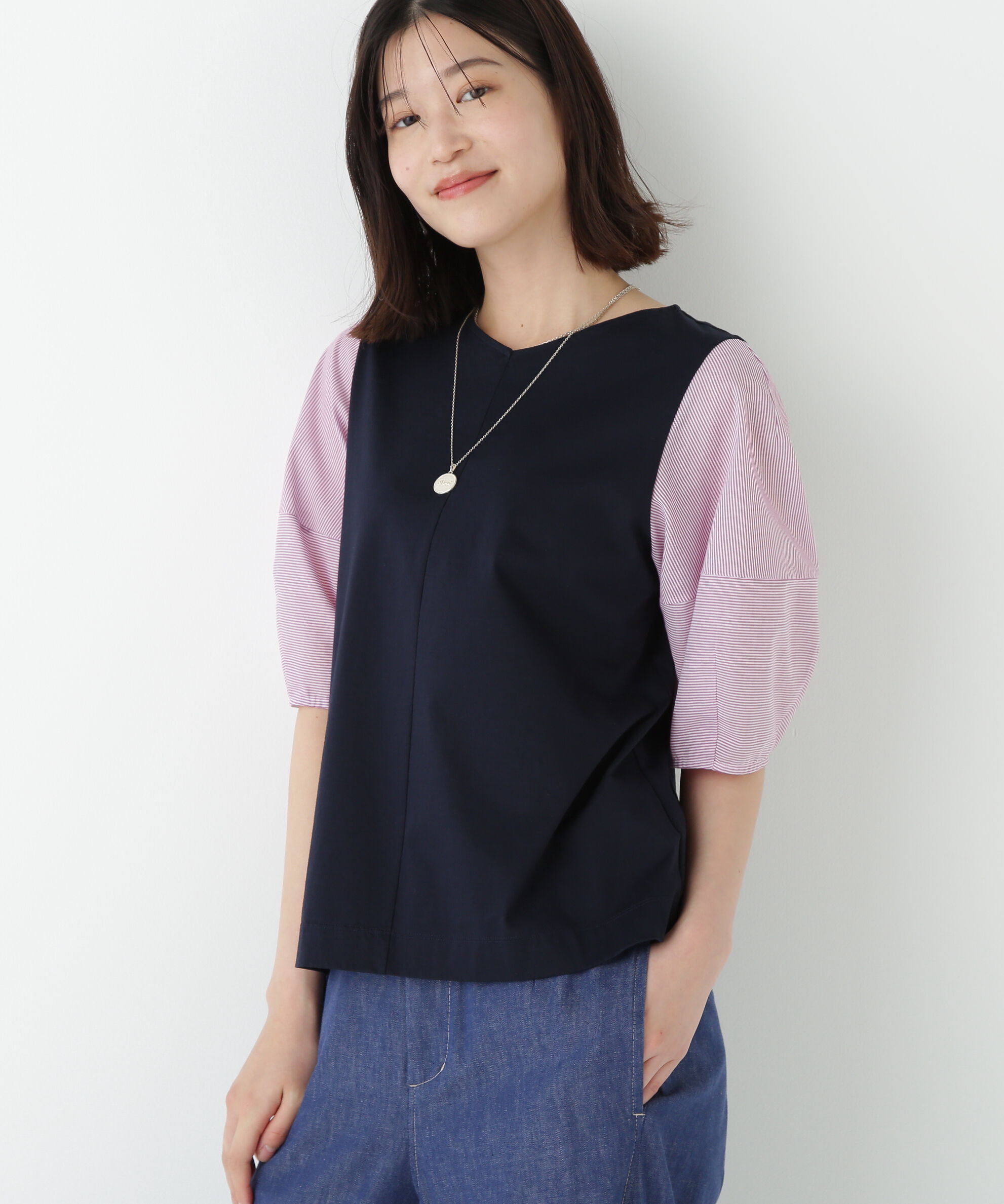  「◆シアーストライプドッキングＶネックカットソープルオーバー」|Tシャツ・カットソー|ネイビー