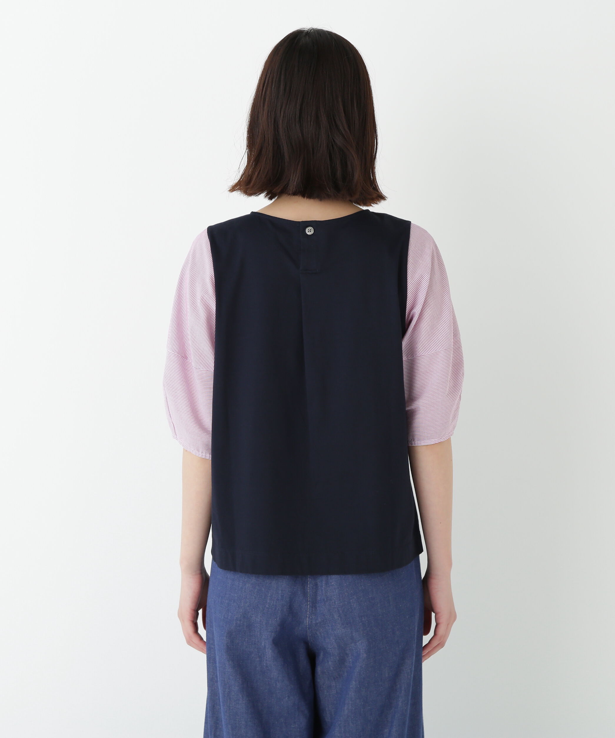  「◆シアーストライプドッキングＶネックカットソープルオーバー」|Tシャツ・カットソー|