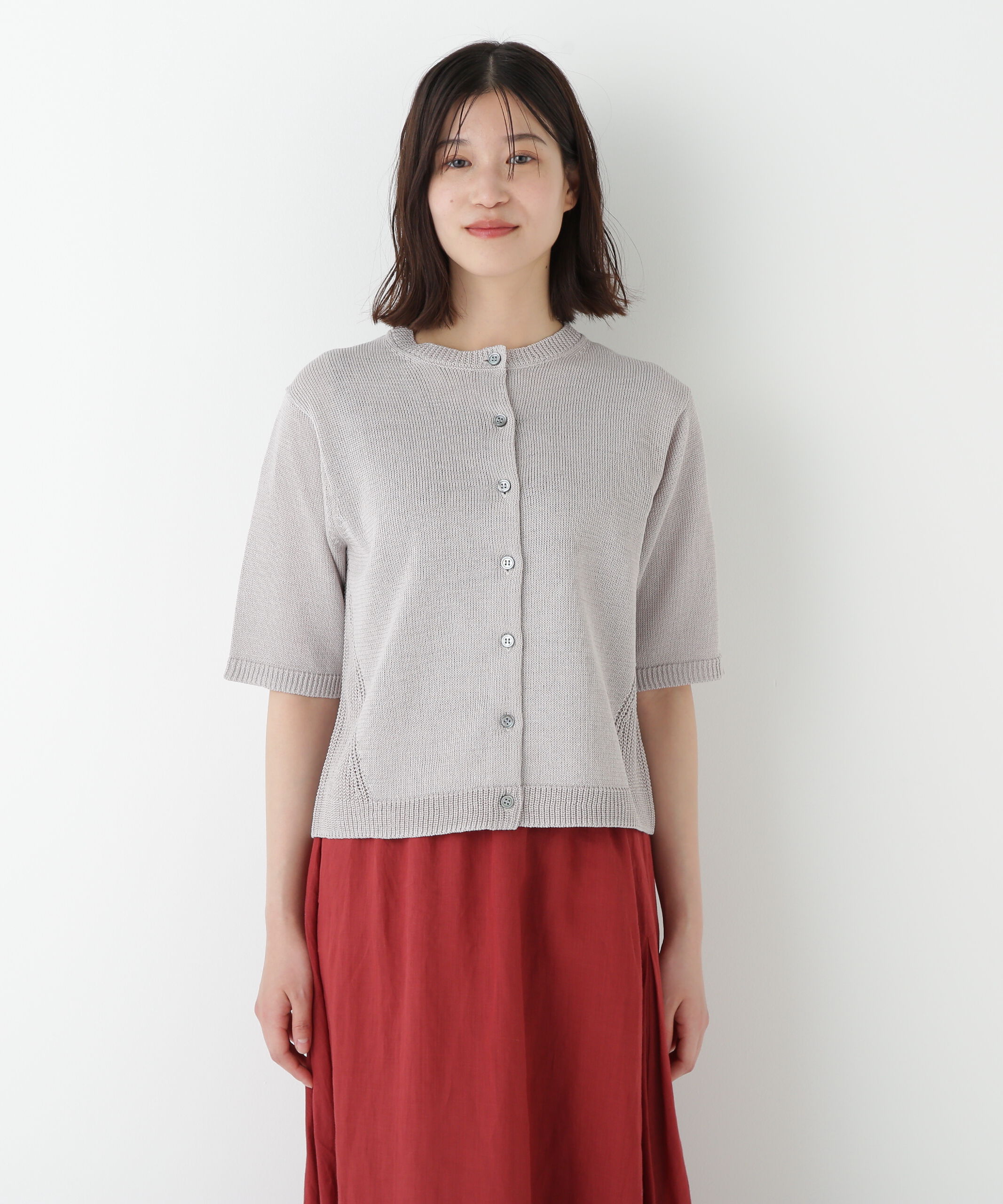  「◆ミドルゲージギマクルーネック半袖カーディガン」|ニット・セーター|