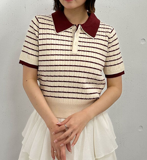 archives「レイヤードケーブルポロニット」|ニット・セーター|IVORY/RED