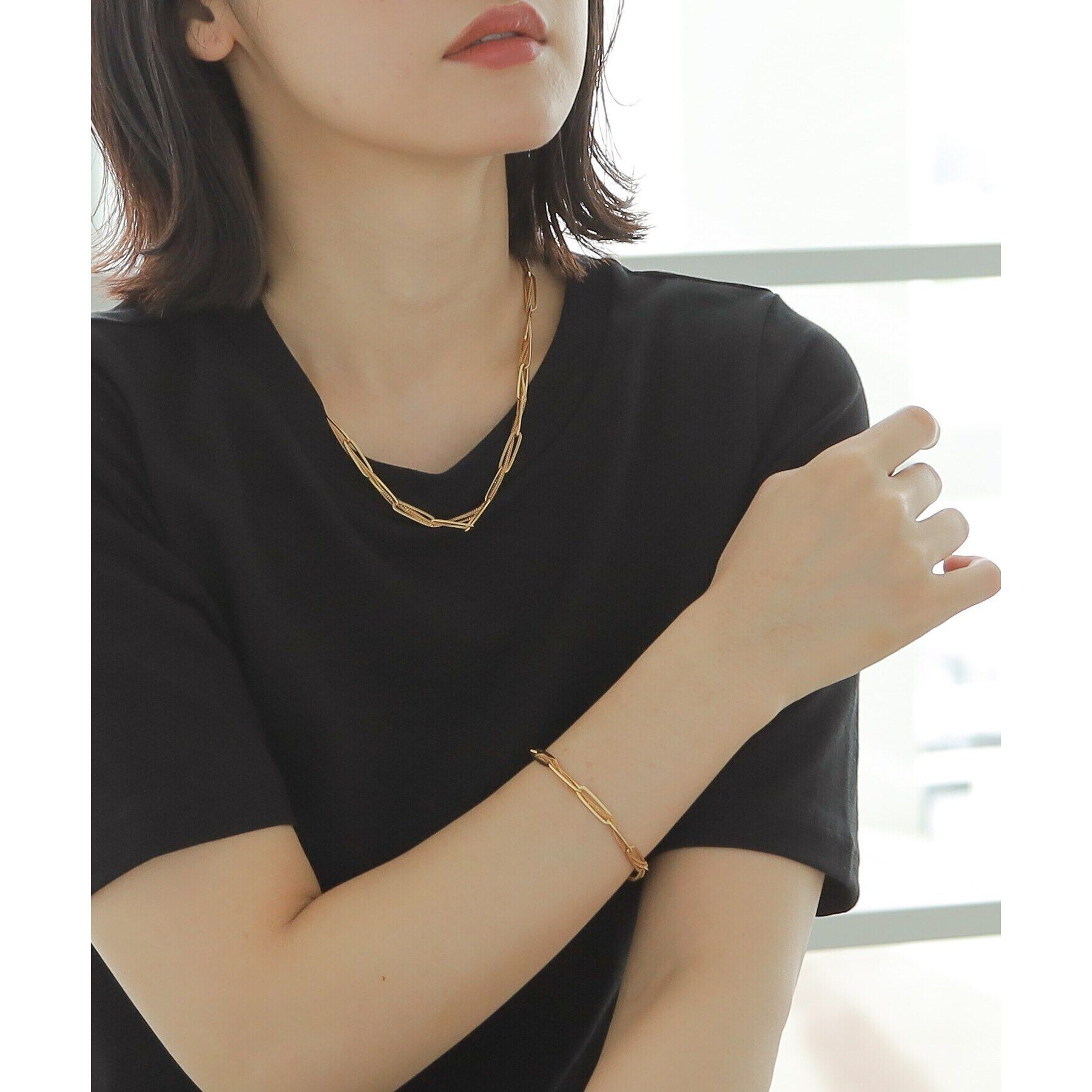 COCOSHNIK ONKITSCH「シルバー ミックスチェーン フラットカーブ スルー ネックレス GP」|ネックレス|