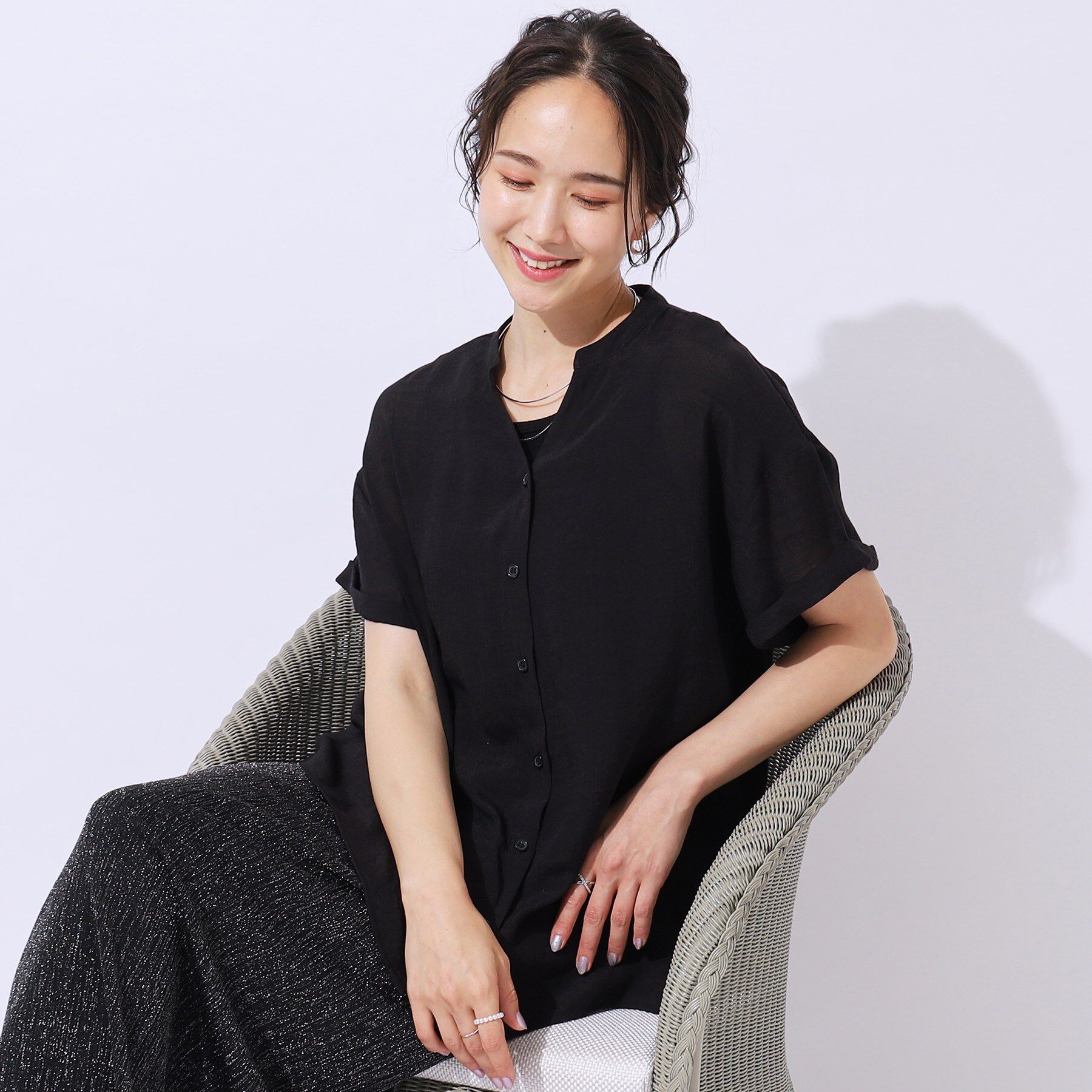 SHOO･LA･RUE「程よいルーズ感が大人見え シアースラブ前開きシャツ」|シャツ・ブラウス|ブラック(019)