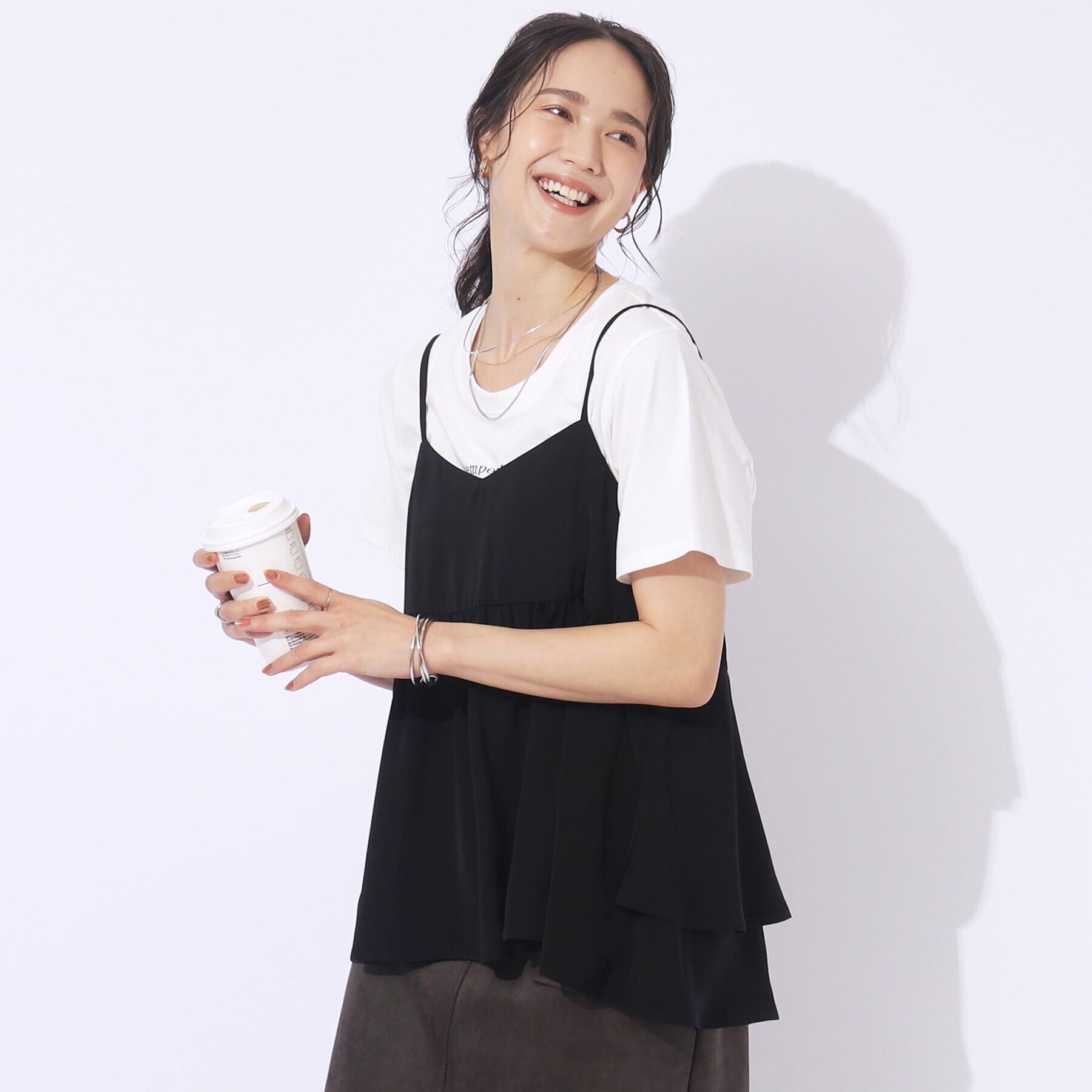 SHOO･LA･RUE「【セットアップ可/洗える】さらさらぷるん ティアードキャミソール」|キャミソール|ブラック(019)