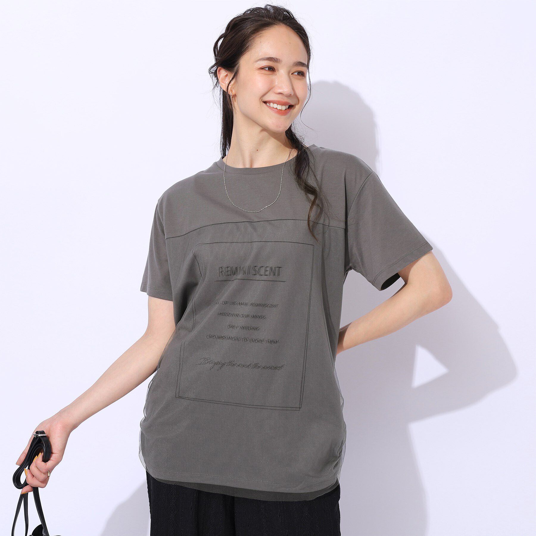 SHOO･LA･RUE「【洗える】インしない派さんの 重ねチュールプリントTシャツ」|Tシャツ・カットソー|チャコールグレー(0